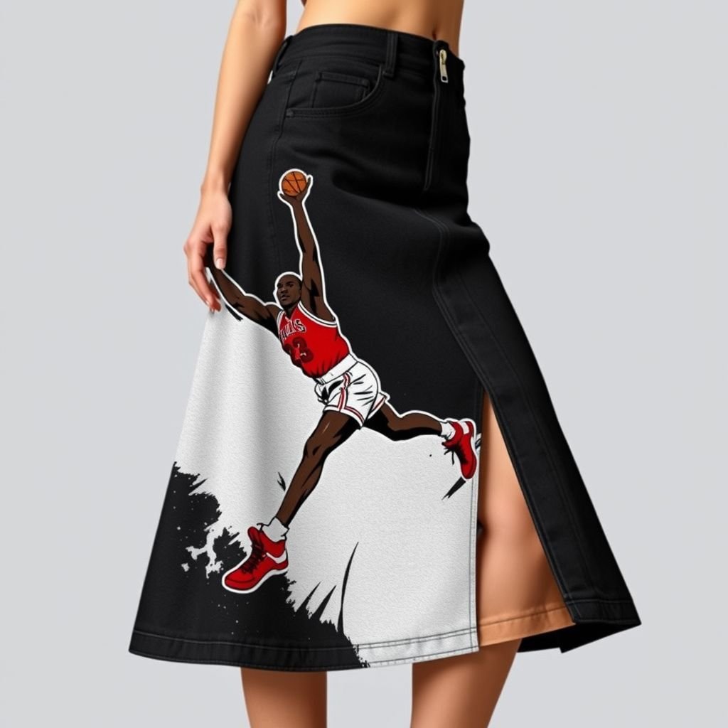Can you create me a image for my brand. I want one of the iconic pictures of “Michael Jordan’s dunking” to be on a midi black skirt. I want the skirt to be a black denim midi/long skirt with a zipper on the side, “zipper should be zipped” but noticeable. I was the picture to wrap about the whole skirt, showing some of the picture on the front, sides, and back. The picture should be an illustration of Michael Jordan dunking.
Design a striking streetwear piece featuring a black denim midi skirt adorned with an illustrative wrap-around print of Michael Jordan's legendary dunk. The skirt should have a sleek, zippable side closure, emphasizing urban flair while the graphic pops on the fabric, reflecting energy, movement, and sport—perfect for modern street style.