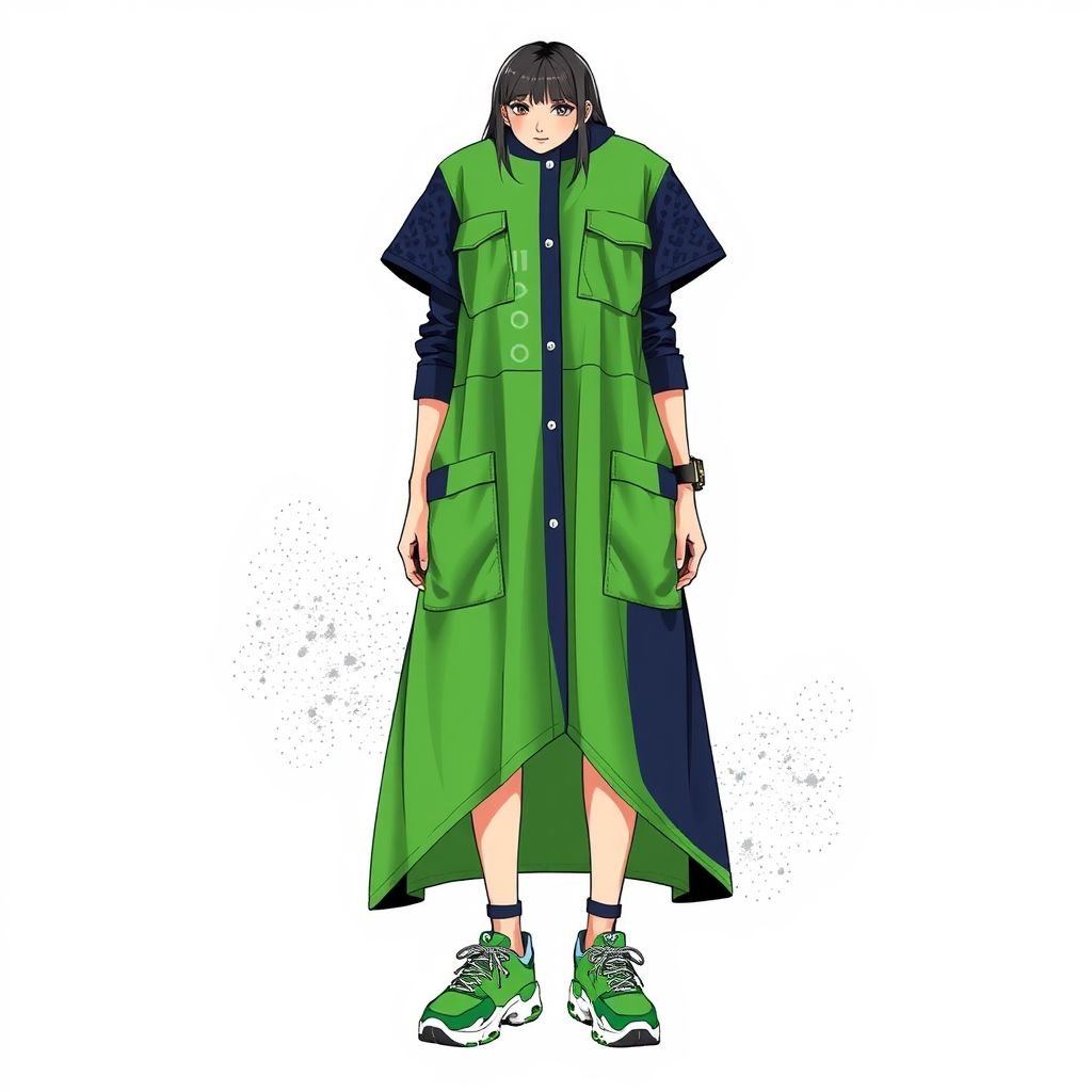 Green navy skating dress
Design a dynamic green and navy skater dress that combines comfort with urban edge. The dress features an asymmetrical hemline for movement, oversized pockets for a functional flair, and breathable mesh panels. Accentuate with graphic skate-inspired prints and pair it with chunky sneakers for that iconic laid-back street style look.