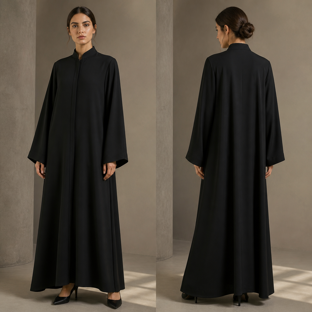 A Female Dress design, with a sturdy, casual hand, with an Oversized silhouette, with modest, full coverage: longer hemlines, higher necklines and covered shoulders, in a Monochrome color palette, for Work, in Business style. عباءة كم طويل والطول طويل بدون حزام هدلة وناعمة وخاصة للصبايا. JO fashion aesthetics. Present it as professional fashion catalogue photography: the garment is the subject, shown full-length with editorial styling, neutral posing and tasteful, non-suggestive framing.
photorealistic fashion design, A Female Dress design, with a sturdy, casual hand, with an Oversized silhouette, with modest, full coverage: longer hemlines, higher necklines and covered shoulders, in a Monochrome color palette, for Work, in Business style. عباءة كم طويل والطول طويل بدون حزام هدلة وناعمة وخاصة للصبايا. JO fashion aesthetics. Present it as professional fashion catalogue photography: the garment is the subject, shown full-length with editorial styling, neutral posing and tasteful, non-suggestive framing., business style, just the design no text, show front and back