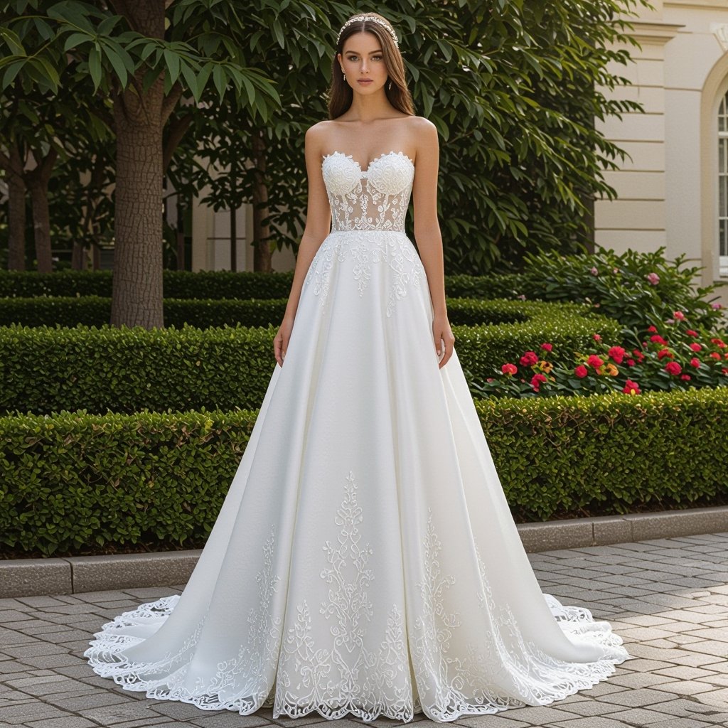 Weding dress
Wedding dress, white silk, A-line, sweetheart neckline, lace overlays, floor-length.