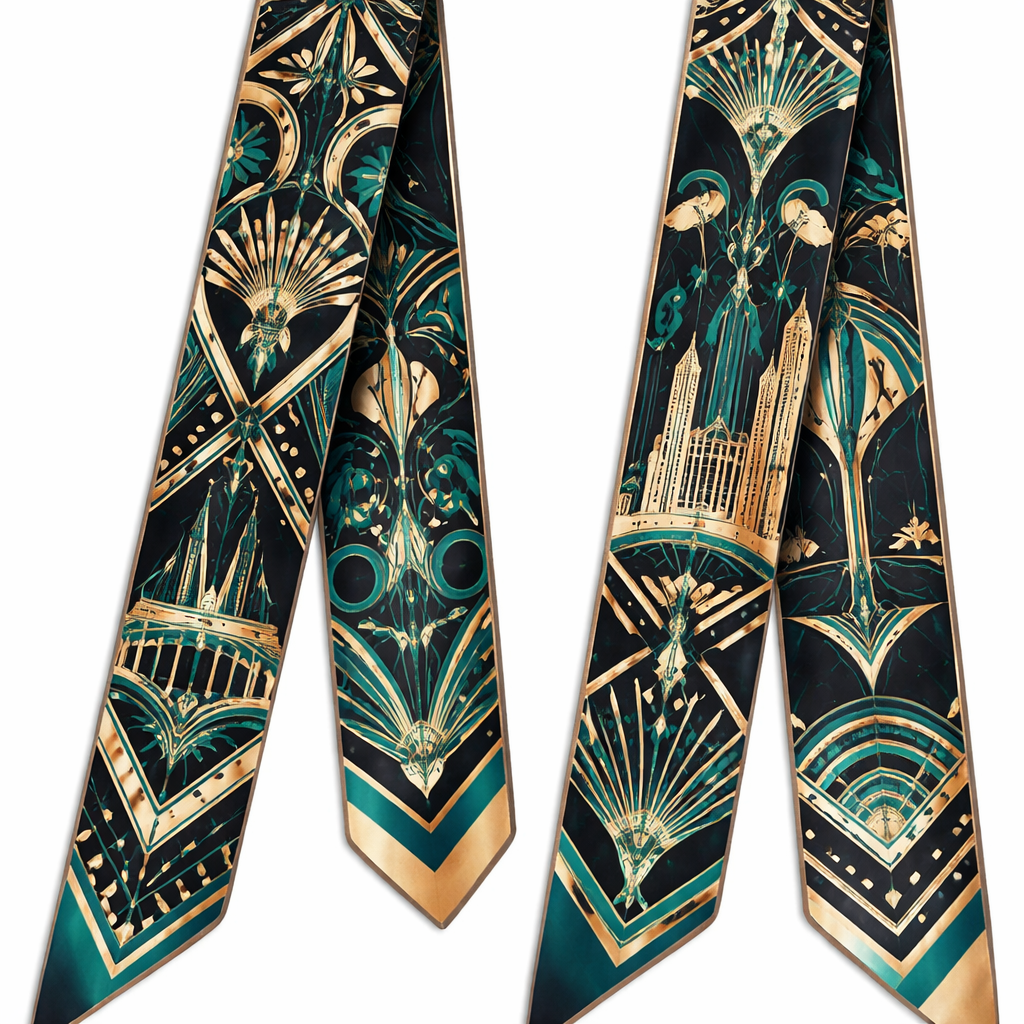Design a silk scarf that is 5x86cm to be wrapped around the top handle of a bag. It’s needs to have an art deco vibe to it which is a nod to Kansas City, MO. No words or logos
Design a silk scarf that is 5x86cm to be wrapped around the top handle of a bag. It’s needs to have an art deco vibe to it which is a nod to Kansas City, MO. No words or logos , classic style, show front and back