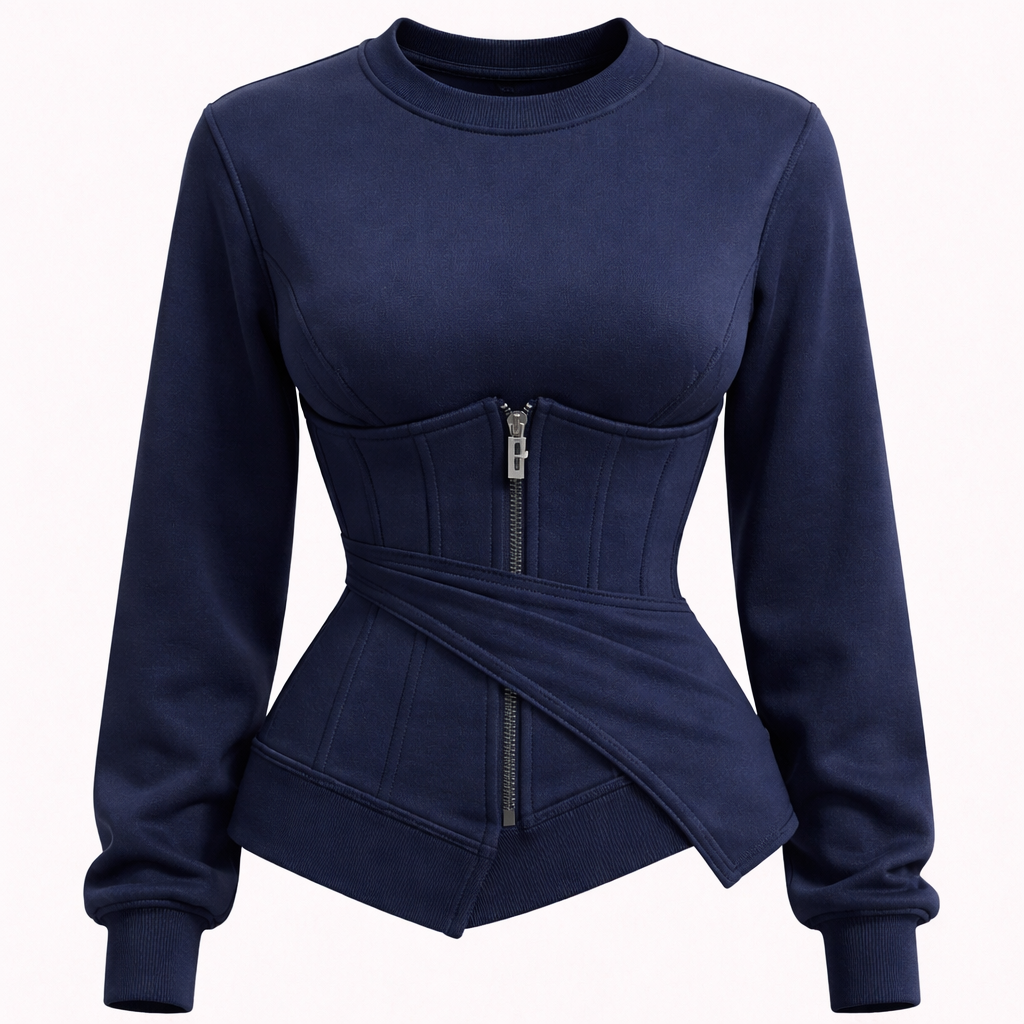 “Design a navy blue sweatshirt with a built-in corset silhouette. The corset features a visible front zipper, with the zipper pull designed in the shape of the letter ‘F’ as a distinct design element. The corset is made from soft, flexible fabric, not rigid, ensuring comfort and ease of movement. The design includes an asymmetric wrap detail across the waist, adding a modern and fashion-forward touch. Subtle raised seam lines in the same navy color enhance the structured yet elegant look. The overall aesthetic is modern, minimal, and stylish athleisure.”
Sportswear fashion design: **Enhanced Prompt:**
Design a navy blue cotton sweatshirt with a flexible corset. The corset has a front zipper with an 'F' pull and an asymmetric waist wrap. Raised seam lines add a subtle structure. The fit is close to the body, blending modern style with athleisure comfort.