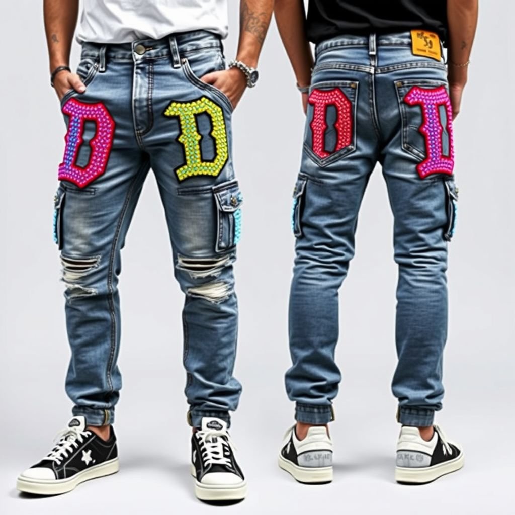 Men's Multi-Pocket Colorful Diamond rhinestones Denim pants. On each pocket, put the letter “D” , a different color
Design an edgy streetwear look featuring men's denim pants adorned with vibrant diamond rhinestones. Each multi-pocket showcases a bold letter "D" in a unique color, reflecting urban culture. Accentuate with oversized cargo design and a relaxed fit, perfect for layering with graphic tees and statement sneakers. Embrace the fusion of glam and grit.