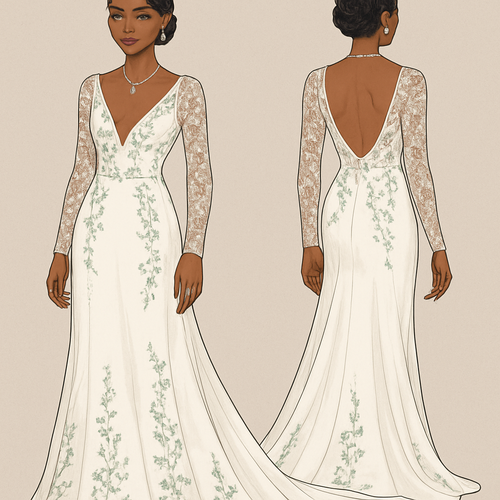 Black girl 
Finger waves with small flowers in hair 
Wedding dress
V cut at breast 
Long dress 
Long train 
Lace sleeves 
Green flower designs
Diamond ring on finger 
Diamond heart necklace 
Green eyeshadow 
Clear lipgloss 
Diamond earrings 
Diamond bracelet 
French tip nails with pearls 

