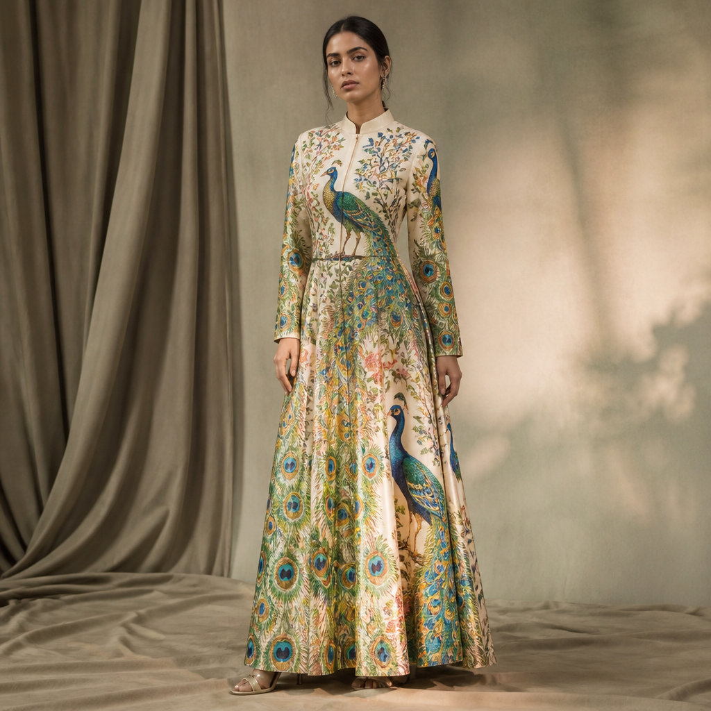 a fully peacock painter theory with full sleeves. India fashion aesthetics. Present it as professional fashion catalogue photography: the garment is the subject, shown full-length with editorial styling, neutral posing and tasteful, non-suggestive framing.
photorealistic fashion design, a fully peacock painter theory with full sleeves. India fashion aesthetics. Present it as professional fashion catalogue photography: the garment is the subject, shown full-length with editorial styling, neutral posing and tasteful, non-suggestive framing., just the design no text