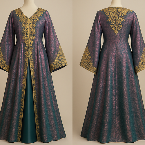 Create a takshita in petrol/pink lamé fabric that shimmers. Sfifa and zwaq maalam should be gold. Sleeves should be long and wide, from narrow to wider. Sleeves also should have zwaq maalam. Dress should be long and A-line
The under dress should be showing in petrol satin fabric. The zwaq maalam design should be fuller in de upper side (chest)