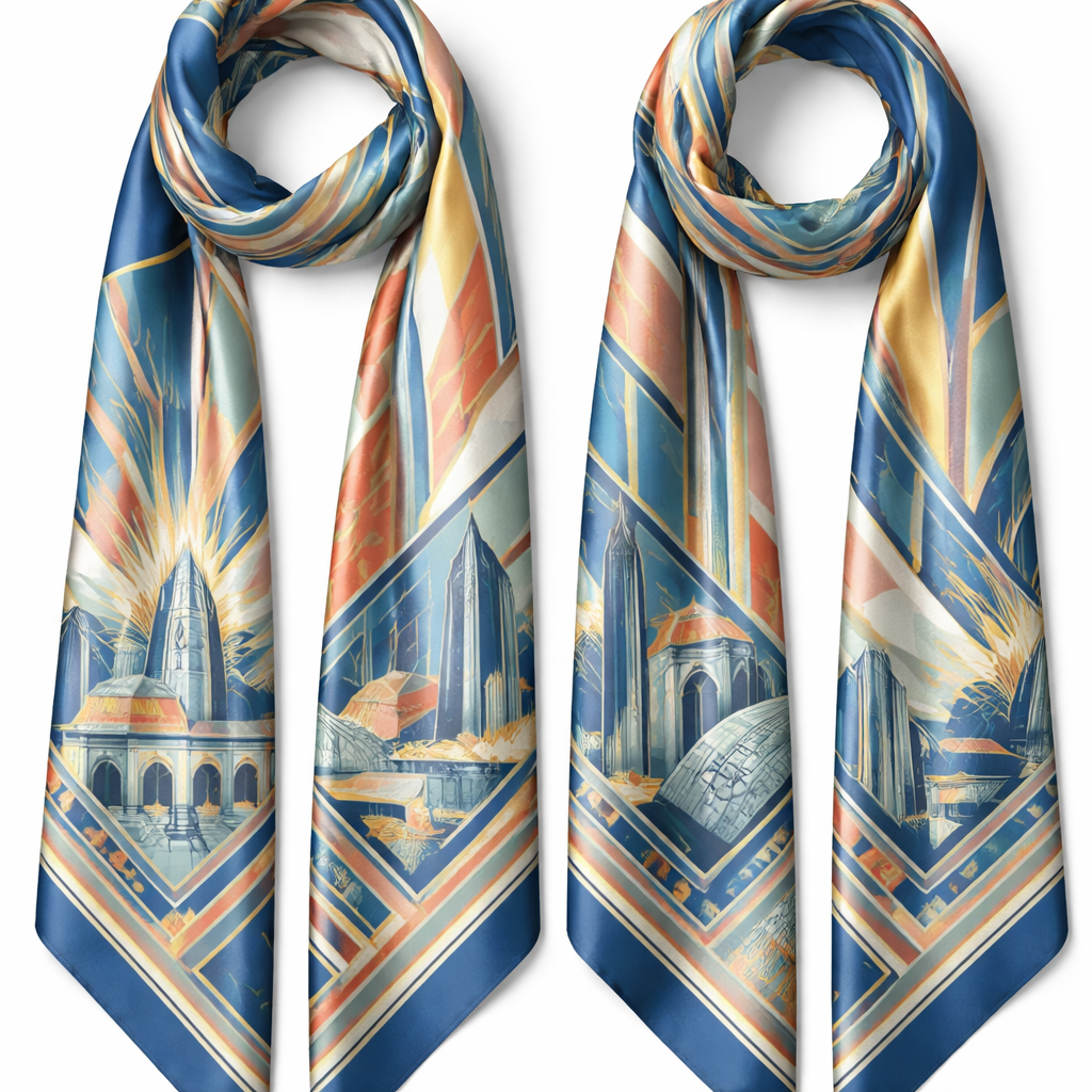 Design a silk scarf that is 5x 86cm to be a host city scarf for the workshop 2026 for Kansas City MO. No words or logos but simple but abstract and tailored
Design a silk scarf that is 5x 86cm to be a host city scarf for the workshop 2026 for Kansas City MO. No words or logos but simple but abstract and tailored , art_deco style, show front and back