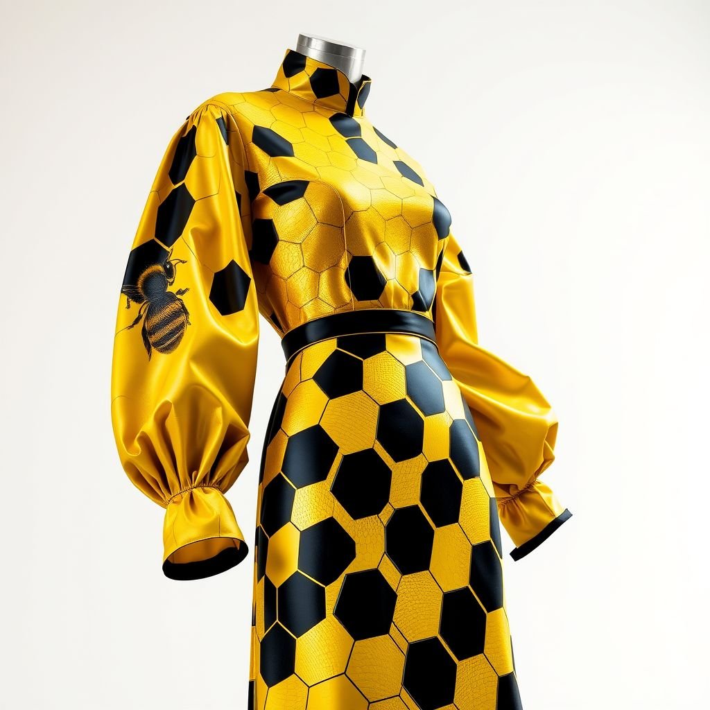 A honey bee & honey comb themed spring day dress.
Design a honey bee and honeycomb themed spring day dress infused with retro-futurism elements. Picture a form-fitting silhouette featuring bold, geometric honeycomb patterns in vivid yellows and blacks. Incorporate iridescent fabrics that shimmer like honey, with metallic accents for that vintage futuristic flair. Add oversized sleeves and a flared skirt for a playful touch.