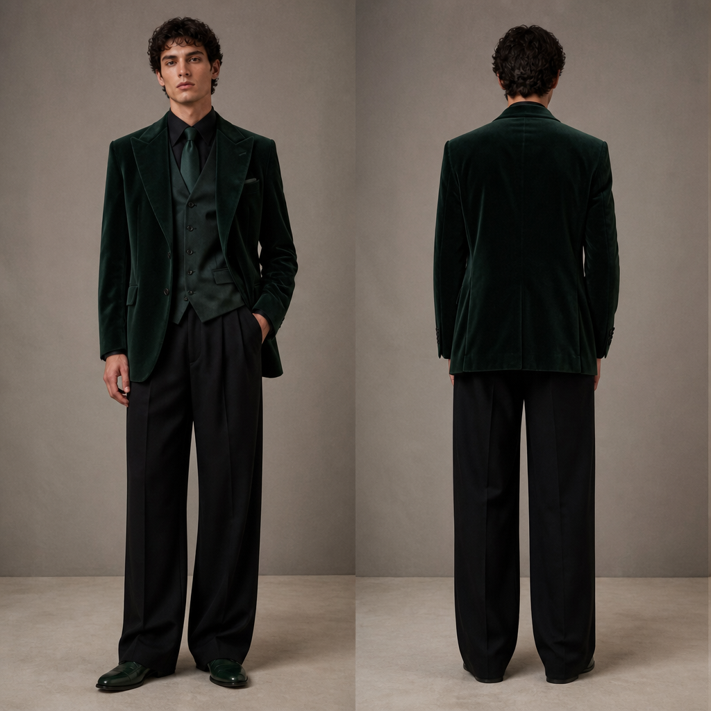 men's outfit. I need a suit for graduation, let it be a little wider and let the jacket be dark green made of plush, a black shirt, a dark green waistcoat and a dark green tie. the pants should be black and wide, and the shoes should be dark green.
photorealistic fashion design, men's outfit. I need a suit for graduation, let it be a little wider and let the jacket be dark green made of plush, a black shirt, a dark green waistcoat and a dark green tie. the pants should be black and wide, and the shoes should be dark green., elegant style, just the design no text, show front and back