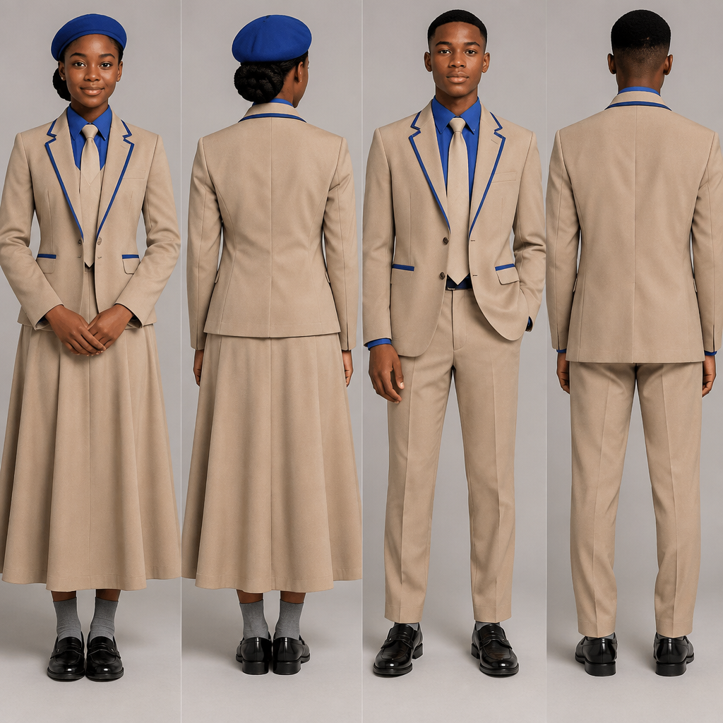 photorealistic fashion design, photorealistic fashion design, photorealistic fashion design, photorealistic fashion design, photorealistic fashion design, Design a light brown blazer with green accents for both male and female. Light brown arms .No writings on the blazer . Use black teenagers as models. show back and front face.
A fit and flare dress top half green and bottom half light brown,covering chest area,almost reaching ankles. Green barrett, light brown tie and grey socks for the female.
A light brown relaxed trouser reaching ankles. Green shirt,light brown tie and grey socks for the male.
Nice black school shoes for both. Both must be wearing blazer.. Design with modest coverage. Present it as professional fashion catalogue photography: the garment is the subject, shown full-length with editorial styling, neutral posing and tasteful, non-suggestive framing., just the design no text, show front and back. Refinement: bit more accents , just the design no text. Refinement: not on the dress , just the design no text. Refinement: no green accents on bottom half of dress
Use previous brown, just the design no text. Refinement: LIGHT BROWN , just the design no text. Refinement: Change green for blue
photorealistic fashion design, photorealistic fashion design, photorealistic fashion design, photorealistic fashion design, photorealistic fashion design, photorealistic fashion design, Design a light brown blazer with green accents for both male and female. Light brown arms .No writings on the blazer . Use black teenagers as models. show back and front face.
A fit and flare dress top half green and bottom half light brown,covering chest area,almost reaching ankles. Green barrett, light brown tie and grey socks for the female.
A light brown relaxed trouser reaching ankles. Green shirt,light brown tie and grey socks for the male.
Nice black school shoes for both. Both must be wearing blazer.. Design with modest coverage. Present it as professional fashion catalogue photography: the garment is the subject, shown full-length with editorial styling, neutral posing and tasteful, non-suggestive framing., just the design no text, show front and back. Refinement: bit more accents , just the design no text. Refinement: not on the dress , just the design no text. Refinement: no green accents on bottom half of dress
Use previous brown, just the design no text. Refinement: LIGHT BROWN , just the design no text. Refinement: Change green for blue , just the design no text