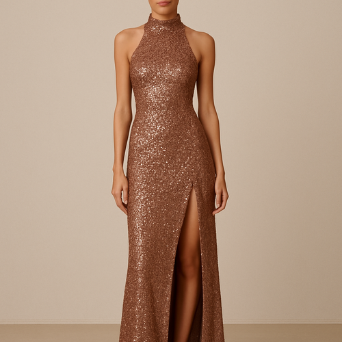Sequin maxi dress with thigh high slit
Racer shape top with polo neck