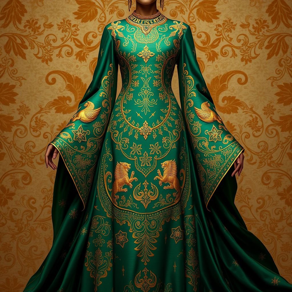 A fabric design inspired by the story of the goddess Ishtar, incorporating a combination of fabric and papier-mâché, and drawing inspiration from the image of the goddess Ishtar and the mythological tale of the underworlds.
A flowing gown, rich in deep emerald and gold tones, adorned with intricate patterns reminiscent of ancient Mesopotamian art. Soft silk interwoven with delicate papier-mâché embellishments, creating a sense of ethereal elegance. Celestial motifs of lions and stars, draped sleeves, and a striking neckline evoke the divine essence of Ishtar.