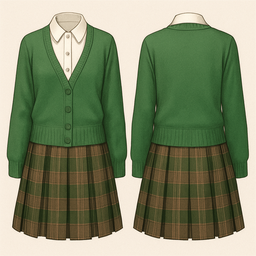 A beautiful button up shirt with a cute green cardigan and a green and brown plait skirt