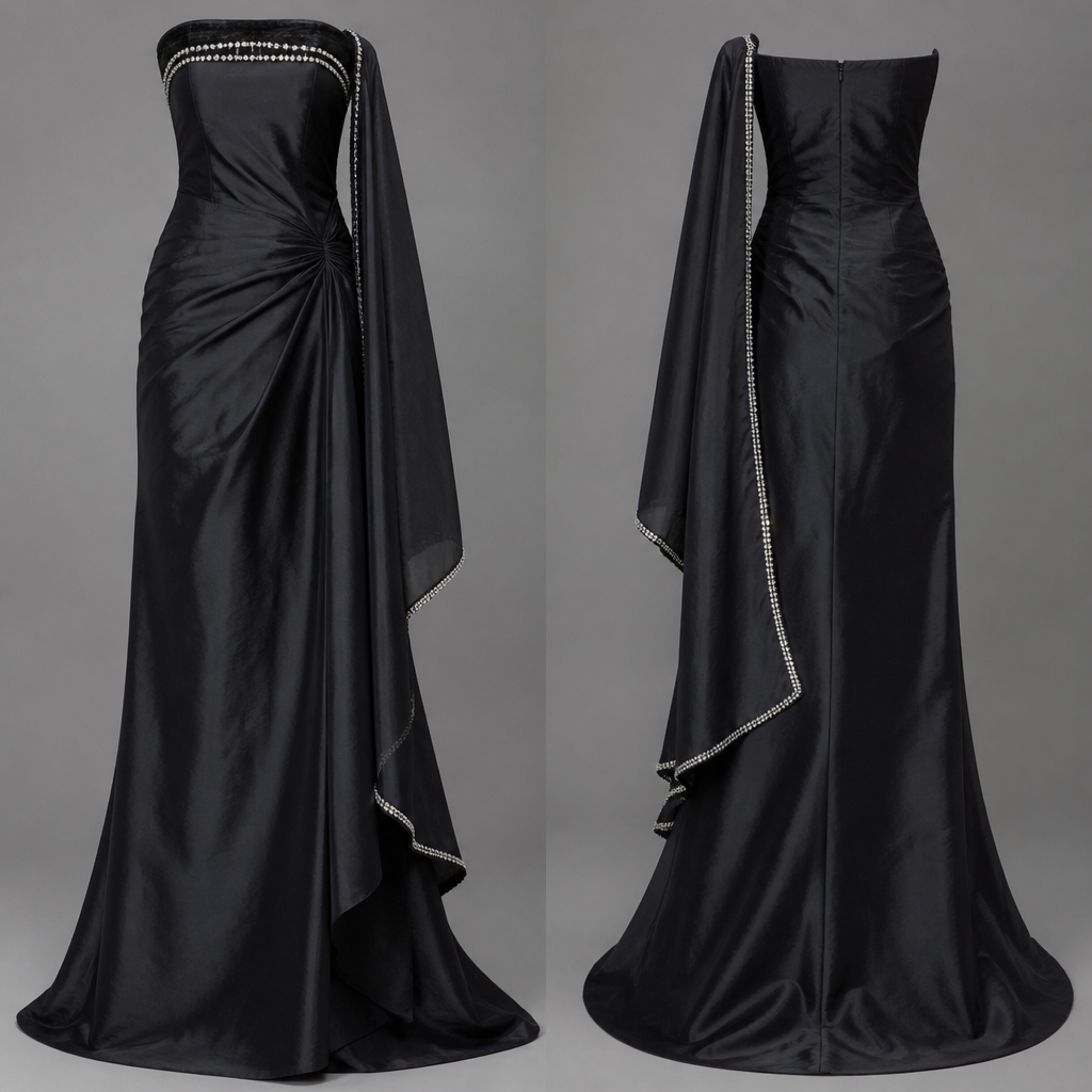 Long to floor black color, taffeta strapless, fitted off the shoulder draped around the waist , line of rhinestones across the top of the dress two rows of rhinestones matching taffeta shoe shawl draped on one shoulder trim rhinestones no model just outfit
photorealistic fashion design, Long to floor black color, taffeta strapless, fitted off the shoulder draped around the waist , line of rhinestones across the top of the dress two rows of rhinestones matching taffeta shoe shawl draped on one shoulder trim rhinestones no model just outfit, elegant style, just the design no text, show front and back