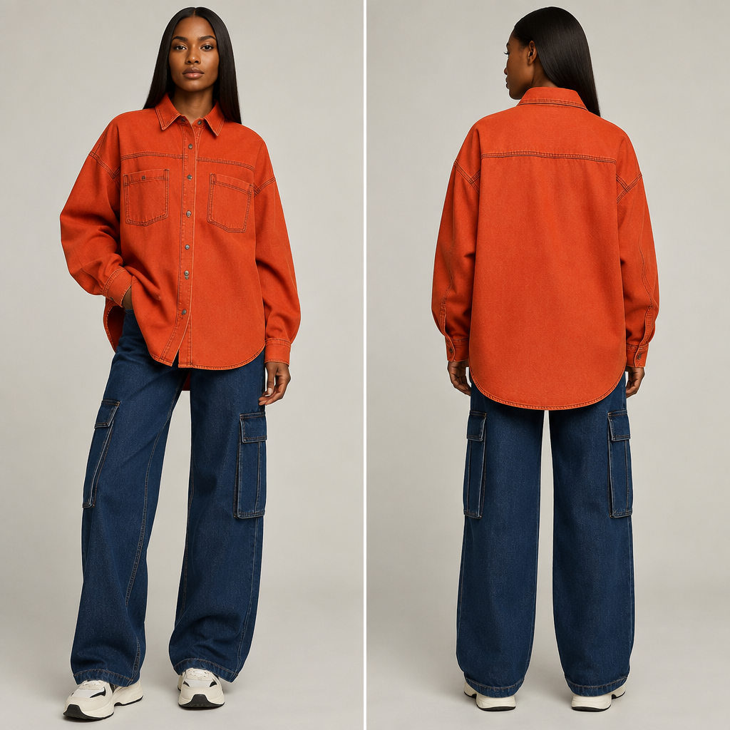 A Female Top design, made of Denim, with a sturdy, casual hand, with an Oversized silhouette, with modest, full coverage: longer hemlines, higher necklines and covered shoulders, in a Bold & Bright color palette, suitable for Fall, in Streetwear style, shown on a model with brown skin and a tall figure. BY fashion aesthetics. Present it as professional fashion catalogue photography: the garment is the subject, shown full-length with editorial styling, neutral posing and tasteful, non-suggestive framing.
photorealistic fashion design, A Female Top design, made of Denim, with a sturdy, casual hand, with an Oversized silhouette, with modest, full coverage: longer hemlines, higher necklines and covered shoulders, in a Bold & Bright color palette, suitable for Fall, in Streetwear style, shown on a model with brown skin and a tall figure. BY fashion aesthetics. Present it as professional fashion catalogue photography: the garment is the subject, shown full-length with editorial styling, neutral posing and tasteful, non-suggestive framing., streetwear style, just the design no text, show front and back