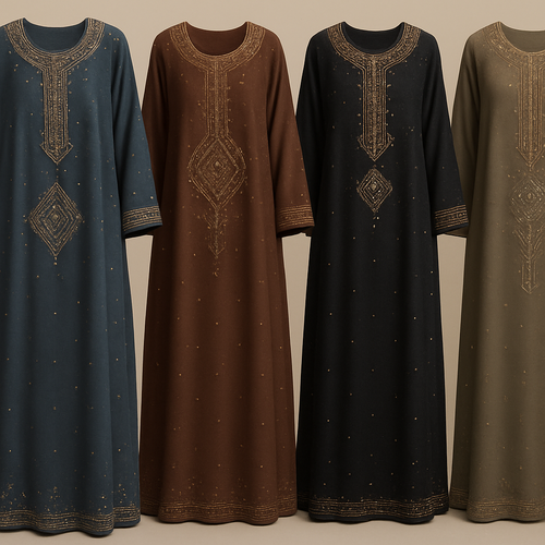 Create me modest boubou that's first in the world, using unique stone design, classy and sophisticated. Keep me 4 designs. Make them rich by adding minimal stone embroidery and stones designs.