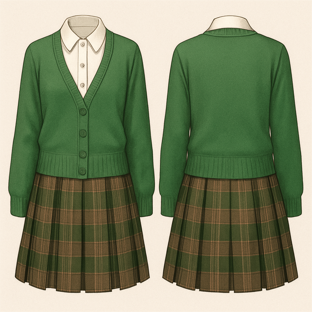 A beautiful button up shirt with a cute green cardigan and a green and brown plait skirt
A beautiful button up shirt with a cute green cardigan and a green and brown plait skirt, uniform style, show front and back