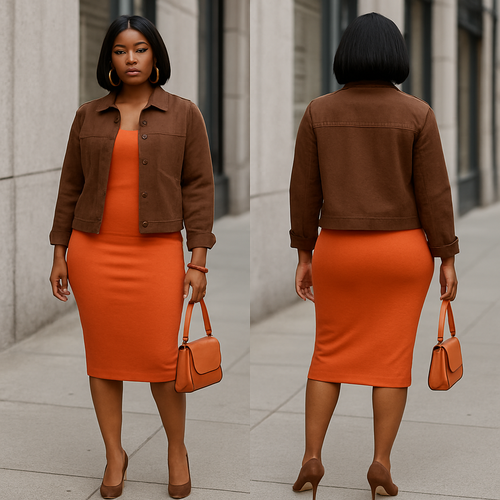 Black woman
Bodycon orange dress 
Brown button down jacket 
 Orange earrings and brown bracelet 
Bob 
Brown heels 
Orange purse 
