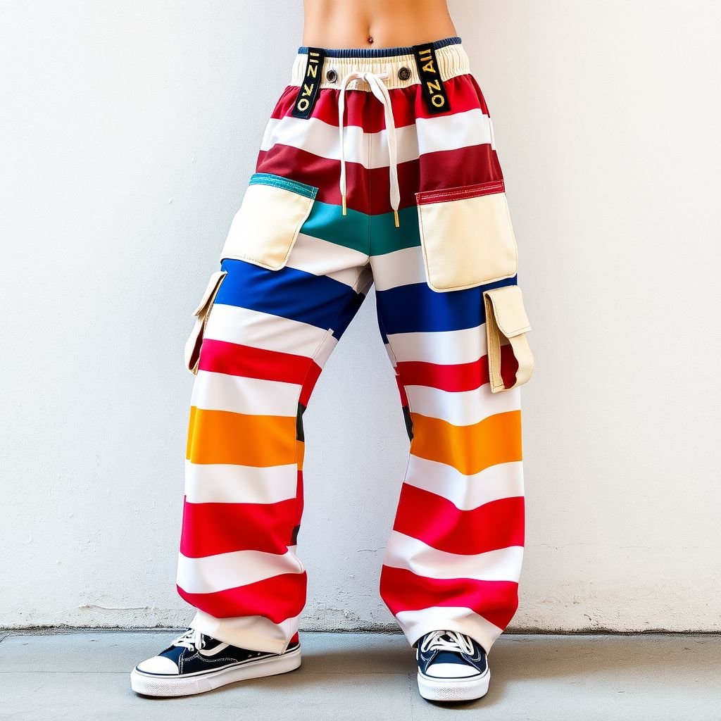 SUMWON Striped Skater Fit Pull-On Pants Casual Loungewear Elastic Waistband Comfort Daily Wear Relaxed All-Season Trousers Versatile Work-From-Home Style. With DV on straps
Design a pair of SUMWON striped skater-fit pull-on pants, blending urban vibes and comfort. Emphasize an elastic waistband for ease, adorned with bold DV straps for a streetwear edge. Incorporate vivid colors and oversized pockets, perfect for lounging or skate sessions. Ideal for stylish all-season daily wear with a chic twist.