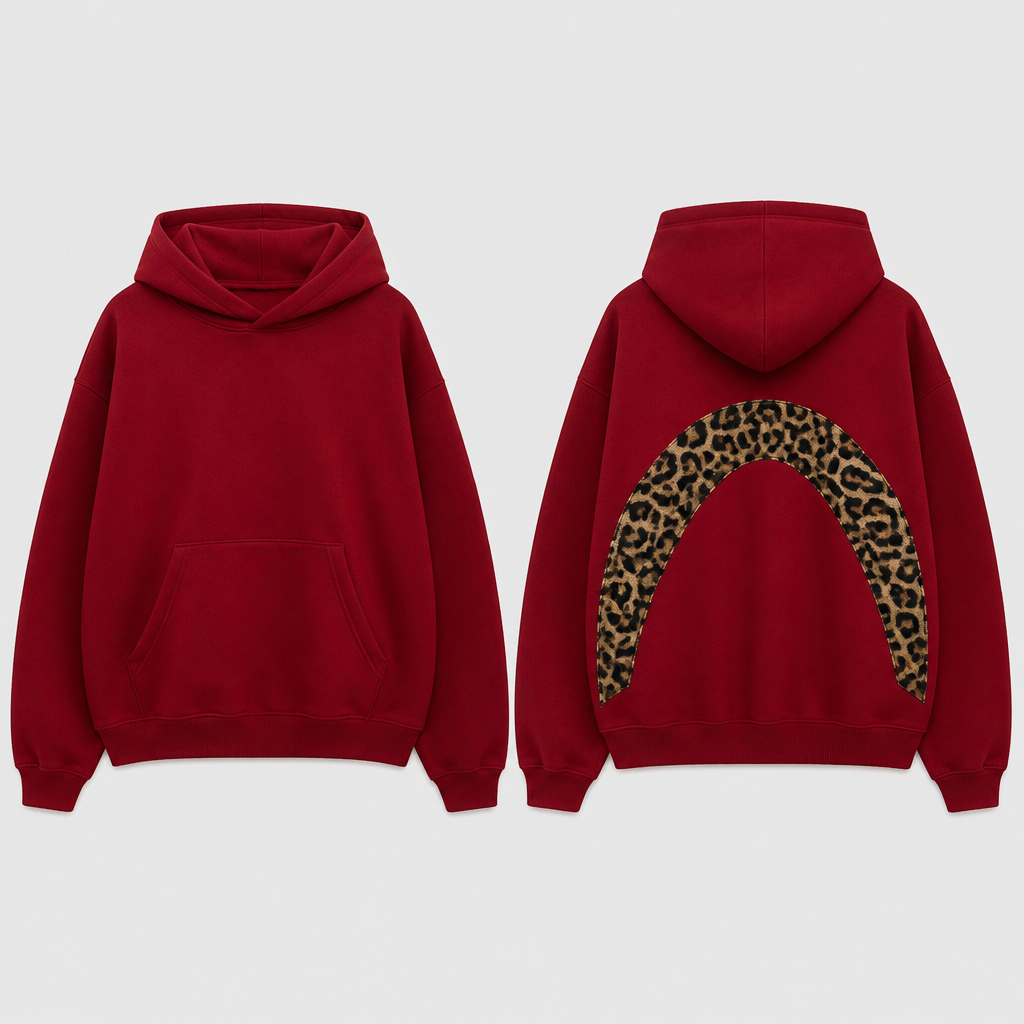 I want a deep red baggy hoodie with leopard print underpass lettering on the back. Design with modest coverage.
photorealistic fashion design, I want a deep red baggy hoodie with leopard print underpass lettering on the back. Design with modest coverage., just the design no text, show front and back