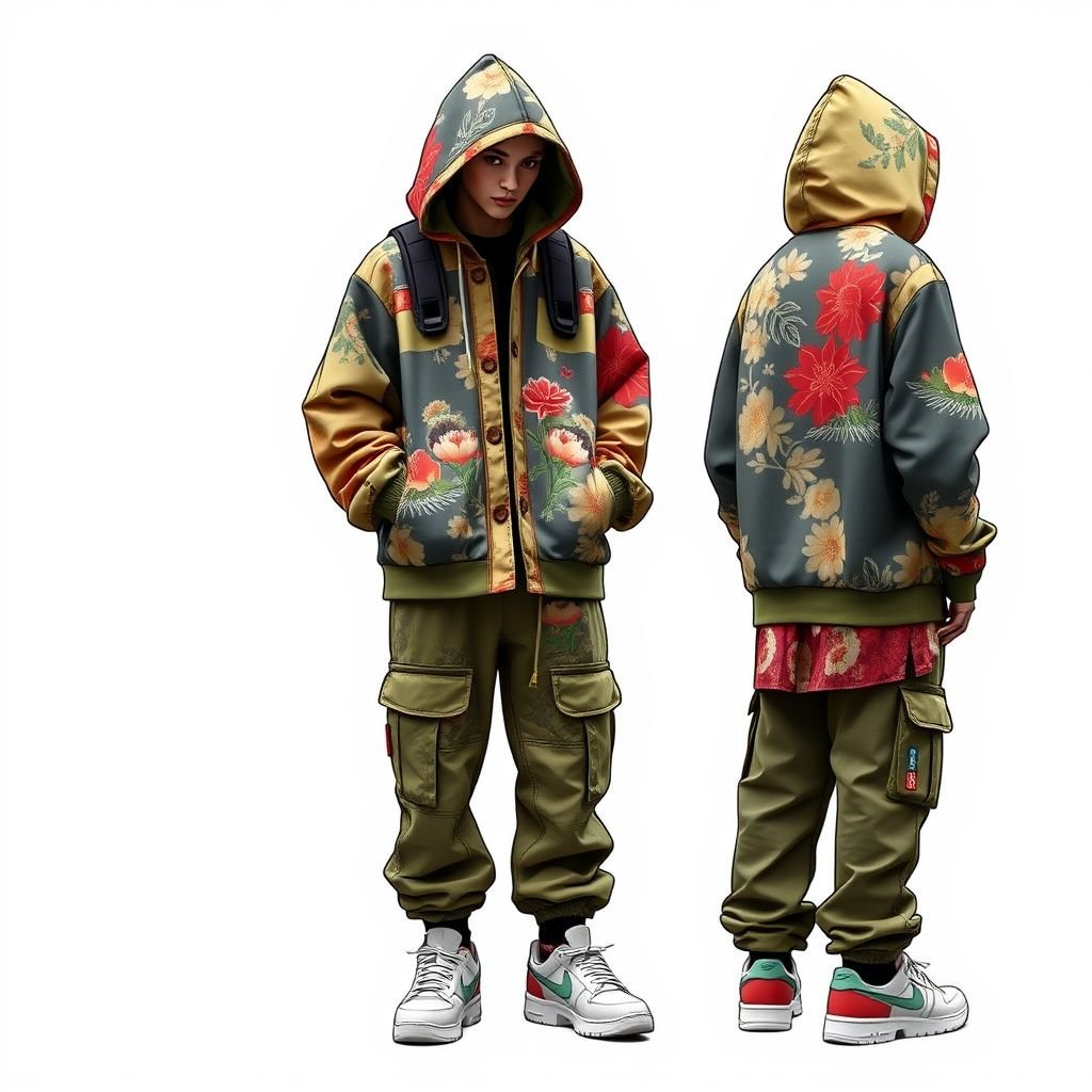 Япон маягын хэв магтай монгол ахуй харуусан зугтай малгаатай цамц
Imagine a streetwear masterpiece featuring a oversized hoodie infused with traditional Mongolian motifs, adorned with lively Japanese-inspired prints. The design embraces a high-low aesthetic, merging bold colors and textures, while incorporating functional elements like pockets and adjustable straps. Complete the look with baggy cargo pants and chunky sneakers for an urban edge.