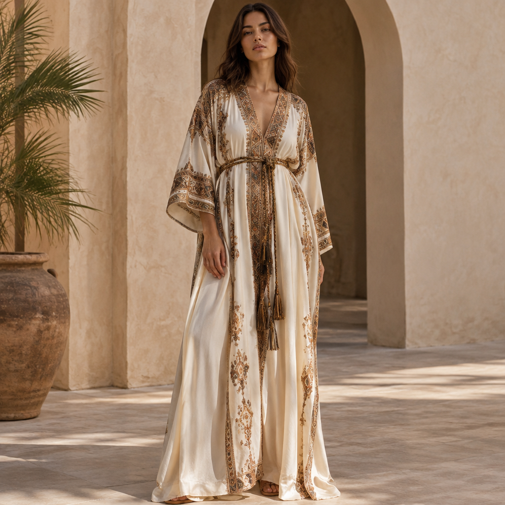 A Dress design, made of Silk, with a light, flowing drape, in Bohemian + Streetwear + Minimalist style. Morocco fashion aesthetics. Present it as professional fashion catalogue photography: the garment is the subject, shown full-length with editorial styling, neutral posing and tasteful, non-suggestive framing.
photorealistic fashion design, A Dress design, made of Silk, with a light, flowing drape, in Bohemian + Streetwear + Minimalist style. Morocco fashion aesthetics. Present it as professional fashion catalogue photography: the garment is the subject, shown full-length with editorial styling, neutral posing and tasteful, non-suggestive framing., bohemian style, just the design no text
