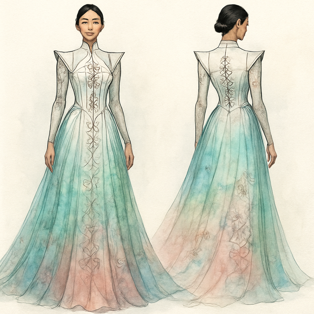 A majestic haute couture robe blending Moroccan and Japanese aesthetics.
The top is structured and elegant, inspired by architectural Japanese silhouettes, featuring a corset-style bodice with clean lines.
Embroidered Amazigh motifs trace the seams like sacred tattoos.
The lower part of the robe flows like water — made of soft, sheer fabrics such as chiffon or silk, in watercolor gradients of turquoise, soft green, and rose-gold.
Subtle Japanese ink-style floral designs are painted or printed across the fabric, merging into Amazigh geometric patterns in a fluid, poetic style.
The overall effect is divine feminine, ethereal, regal — a moving piece of art that radiates magnetism, mystery, and ancient power.
The robe is worn by a confident woman who embodies softness and strength, a modern queen channeling ancient feminine energy.
A majestic haute couture robe blending Moroccan and Japanese aesthetics.
The top is structured and elegant, inspired by architectural Japanese silhouettes, featuring a corset-style bodice with clean lines.
Embroidered Amazigh motifs trace the seams like sacred tattoos.
The lower part of the robe flows like water — made of soft, sheer fabrics such as chiffon or silk, in watercolor gradients of turquoise, soft green, and rose-gold.
Subtle Japanese ink-style floral designs are painted or printed across the fabric, merging into Amazigh geometric patterns in a fluid, poetic style.
The overall effect is divine feminine, ethereal, regal — a moving piece of art that radiates magnetism, mystery, and ancient power.
The robe is worn by a confident woman who embodies softness and strength, a modern queen channeling ancient feminine energy., artsy style, show front and back