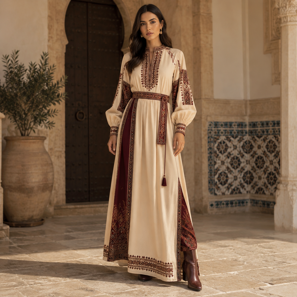 A Female Dress design, suitable for Fall. Tunisia fashion aesthetics. Present it as professional fashion catalogue photography: the garment is the subject, shown full-length with editorial styling, neutral posing and tasteful, non-suggestive framing.
photorealistic fashion design, A Female Dress design, suitable for Fall. Tunisia fashion aesthetics. Present it as professional fashion catalogue photography: the garment is the subject, shown full-length with editorial styling, neutral posing and tasteful, non-suggestive framing., just the design no text