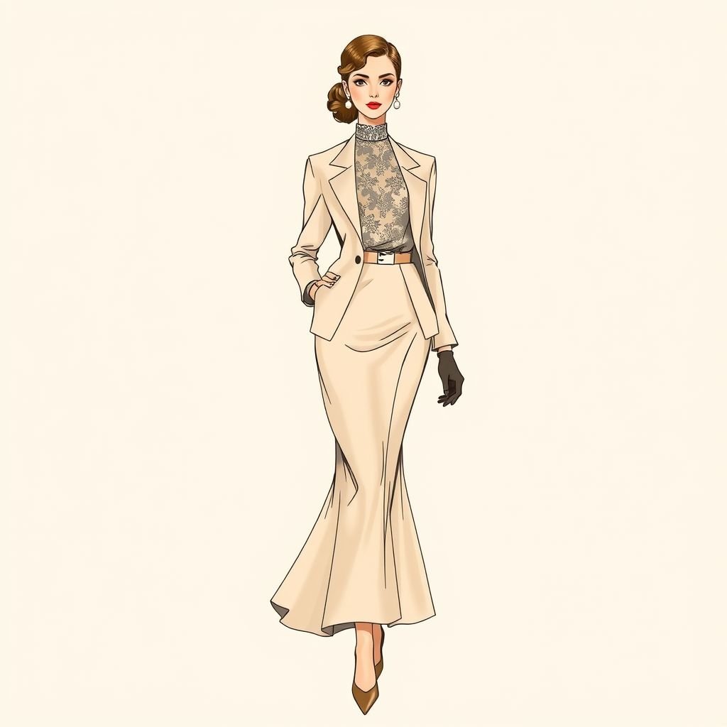 Female fashion sketch full body with unique pose
Imagine a full-body female fashion sketch, elegantly adorned in a timeless classic design. Picture a high-necked lace blouse, flowing silk skirt, and tailored blazer, all in muted pastel hues. The pose captures a graceful slant, evoking poise and sophistication, while vintage accessories like pearl earrings and gloves enhance the refined aesthetic.