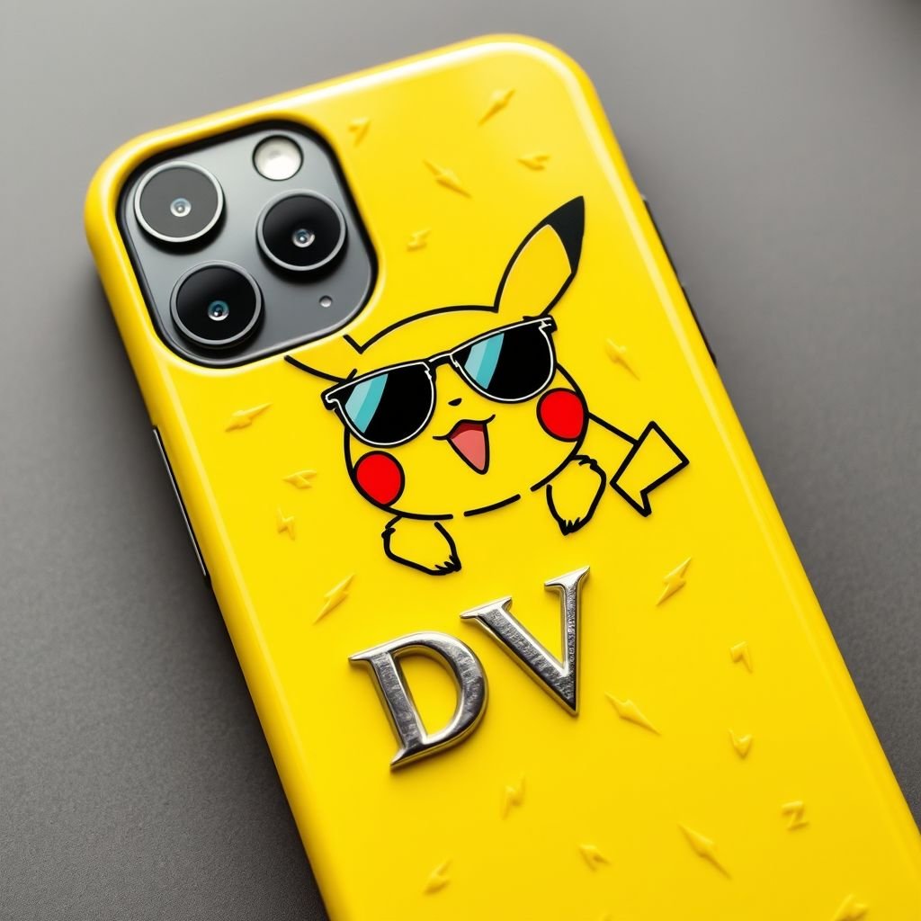 iPhone 13 Pro Max phone case with “DV ” on it. Put pikachu on it
Design a playful yet chic phone case for the iPhone 13 Pro Max featuring a glossy yellow base with textured lightning bolt patterns. At the center, a stylish Pikachu dons oversized sunglasses, embodying a trendy street style. “DV” is elegantly embossed in metallic silver, creating a perfect fusion of cute and cool aesthetics.