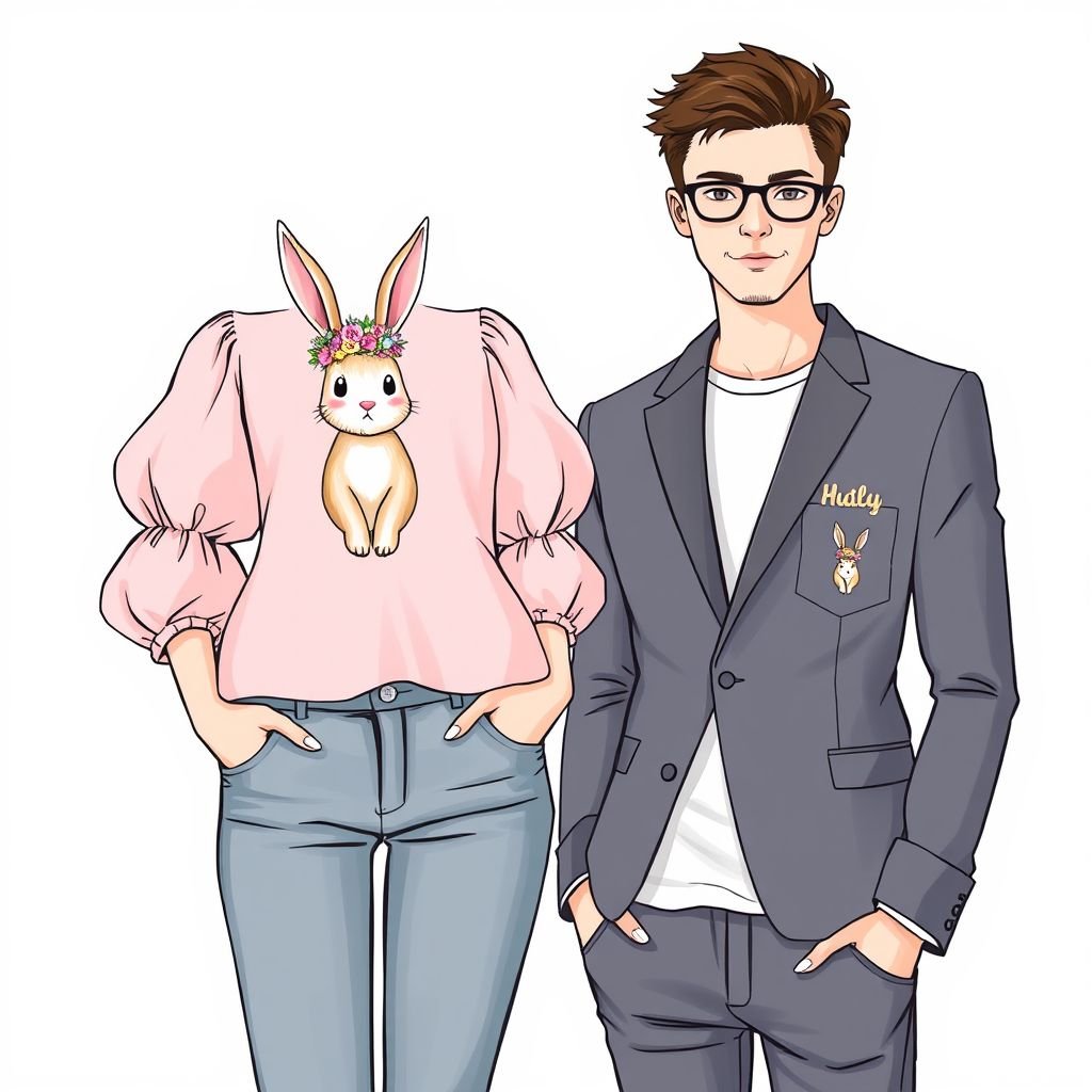 She: A long-sleeved, modest top in a soft pastel color. Features a playful, cartoon illustration, perhaps a cute animal with a flower crown. He: A matching t-shirt, same illustration. The shirt is a slightly more fitted cut, in a coordinating color.
Envision a whimsical duo: She wears a flowy, pastel blouse with delicate balloon sleeves, adorned with a charming bunny donning a floral crown, exuding innocence. He matches in a tailored, fitted tee, featuring the same illustration, but with a subtle twist—a graphic pocket design that harmonizes their playful couple's aesthetic.