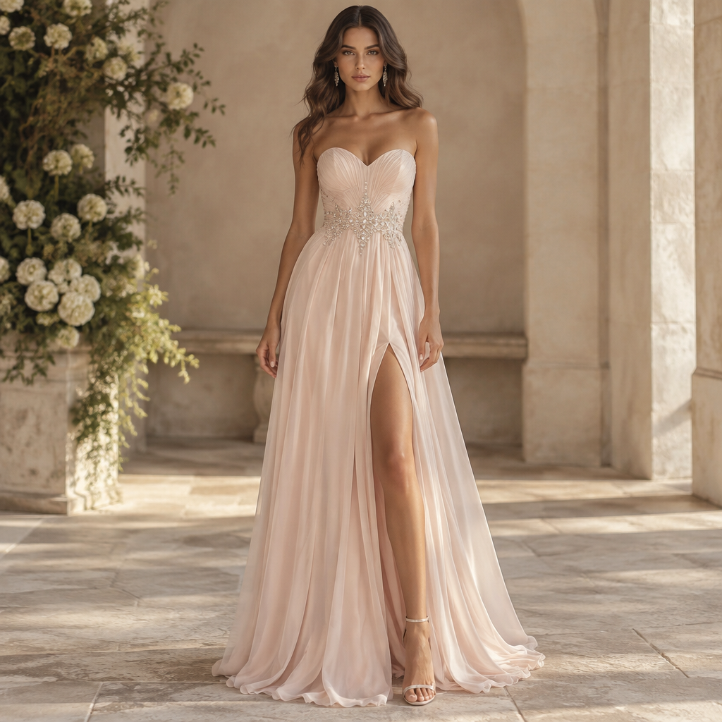 A Female Dress design, with a light, flowing drape, for Wedding, suitable for Summer. A long dress with a sweetheart neckline line, crystal along the waist line and a slit coming up to the thigh.. JM fashion aesthetics. Present it as professional fashion catalogue photography: the garment is the subject, shown full-length with editorial styling, neutral posing and tasteful, non-suggestive framing.
photorealistic fashion design, A Female Dress design, with a light, flowing drape, for Wedding, suitable for Summer. A long dress with a sweetheart neckline line, crystal along the waist line and a slit coming up to the thigh.. JM fashion aesthetics. Present it as professional fashion catalogue photography: the garment is the subject, shown full-length with editorial styling, neutral posing and tasteful, non-suggestive framing., just the design no text