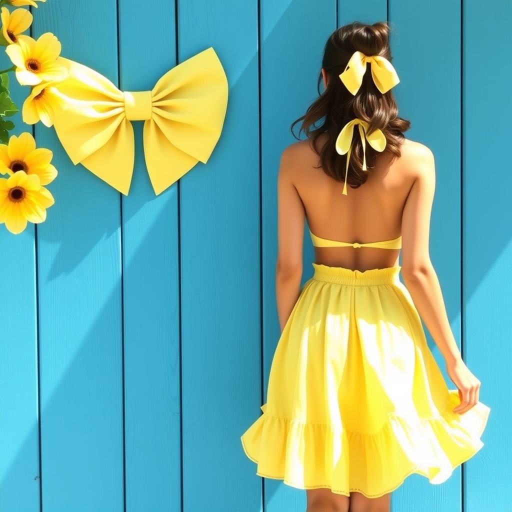 A butter yellow coord set with top having bow at the back and halter neck in tge front , skirt from waist to half thighs with frills .
Envision a whimsical butter yellow coord set evoking a sunny daydream. The halter neck top features an eye-catching oversized bow at the back, exuding playful elegance. The flirty skirt, adorned with delicate frills, cascades from the waist to mid-thigh, perfectly twirling with every step, embodying cheerful femininity and carefree charm.