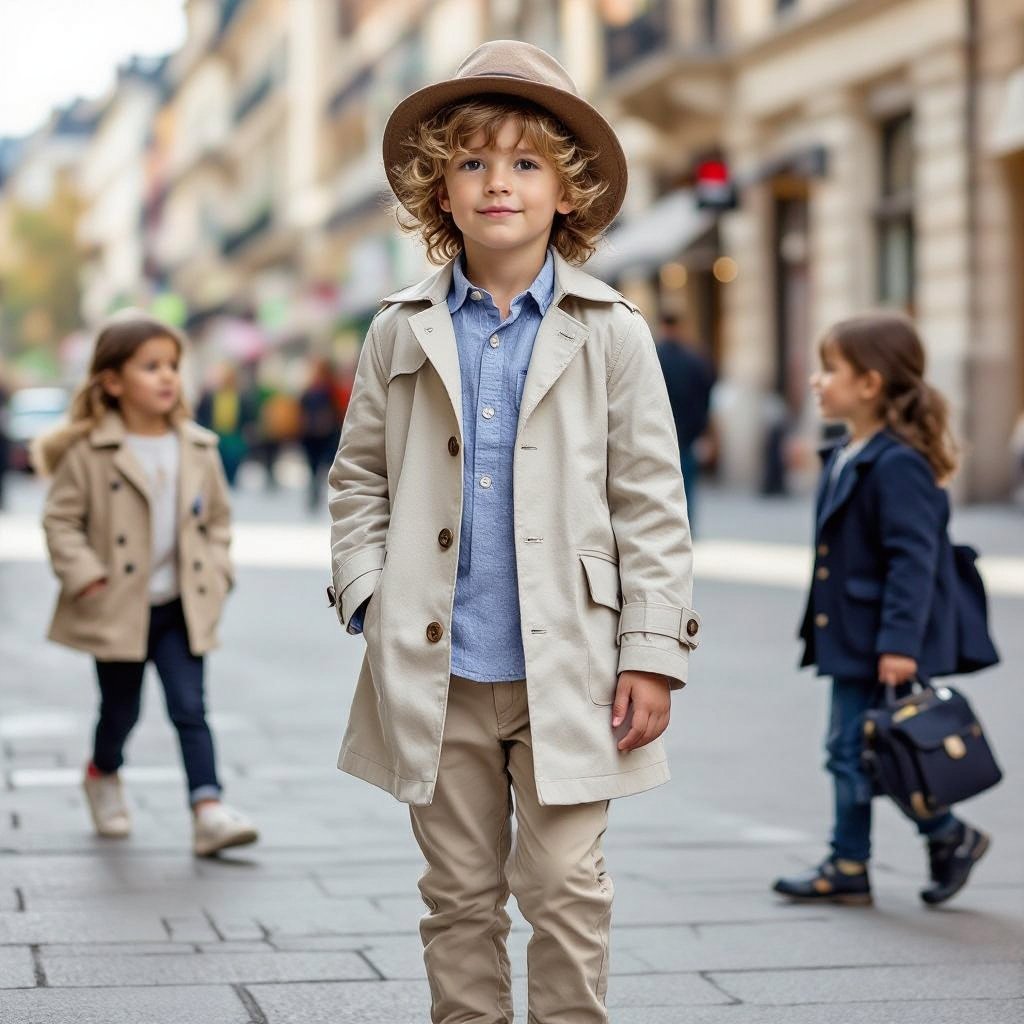 Design a unique and beautiful Zara linen raincoat or trench coat for six-year-old children.
Casual fashion: Six-year-old child's Zara linen raincoat or trench coat, casual style. Simple cut, practical buttons, light linen fabric, plain color to suit children.