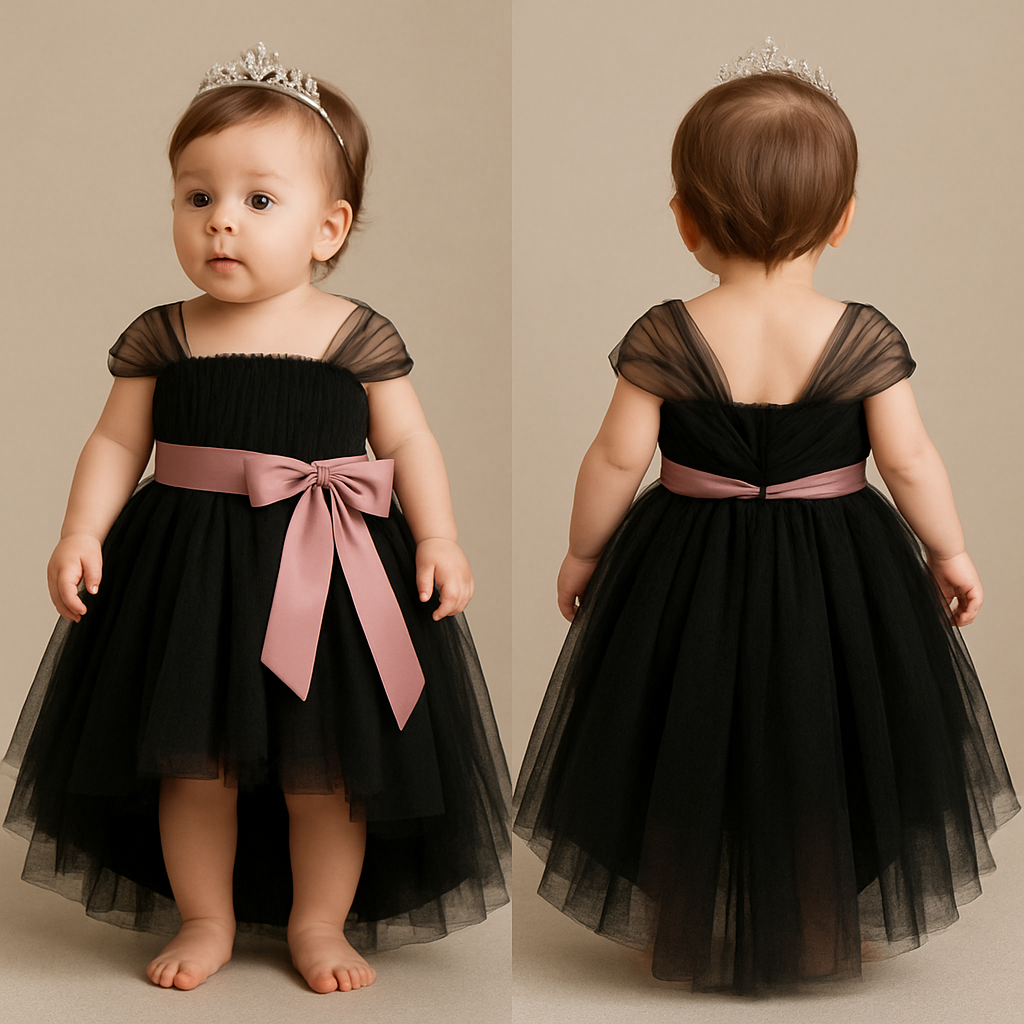 1歳の女の子のベビードレス着用画
黒のチュールドレス、前が短くて後ろが長いスカート、短長はっきりと
上半身は、細かいギャザーを寄せたベアトップのチュールのボディス
その上から同一色のチュールショルダーラップ、肩から膝上までをふんわり巻き付けるように、背中で左右のショルダーラップがくっつくように
胸下の切り返しにローズピンクのサテン生地の太めのリボンを前から一周巻いて、真ん中ではなく、左前あたりで大きくリボン縛り
背中にリボンはなし
頭には派手すぎないシルバーのティアラ
1歳の女の子のベビードレス着用画
黒のチュールドレス、前が短くて後ろが長いスカート、短長はっきりと
上半身は、細かいギャザーを寄せたベアトップのチュールのボディス
その上から同一色のチュールショルダーラップ、肩から膝上までをふんわり巻き付けるように、背中で左右のショルダーラップがくっつくように
胸下の切り返しにローズピンクのサテン生地の太めのリボンを前から一周巻いて、真ん中ではなく、左前あたりで大きくリボン縛り
背中にリボンはなし
頭には派手すぎないシルバーのティアラ, show front and back
