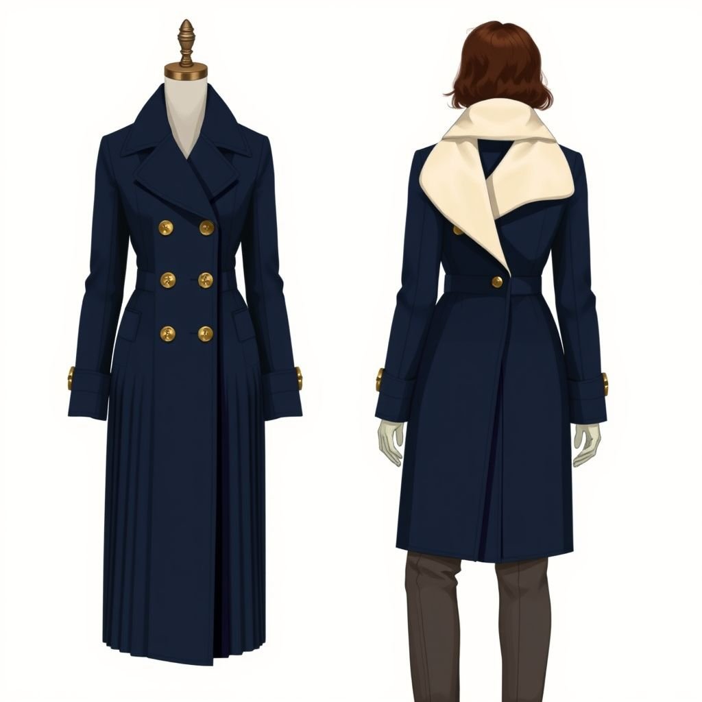 Long navy French pleated wool coat with gold buttons, double breasted with a dramatic cream collar
Design a classic long navy French pleated wool coat, showcasing elegance with a double-breasted silhouette adorned with ornate gold buttons. Emphasize a dramatic cream collar that cascades gracefully, exuding sophistication. Pair this timeless piece with tailored trousers and vintage-inspired accessories, capturing the essence of refined, enduring fashion that transcends trends.