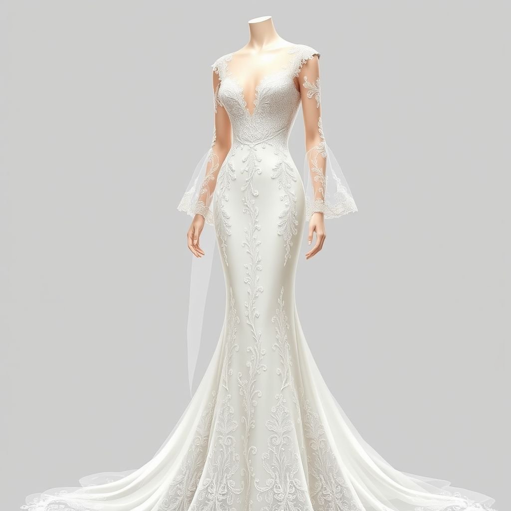 Unique holy wedding dress
Design an exquisite wedding gown that embodies elegance and serenity. Picture delicate lace overlays cascading down a fitted bodice, adorned with intricate embroidery and subtle pearl accents. The flowing, ethereal train gently sweeps the ground, while delicate, sheer sleeves add a touch of grace. The dress radiates timeless romance and divine beauty.