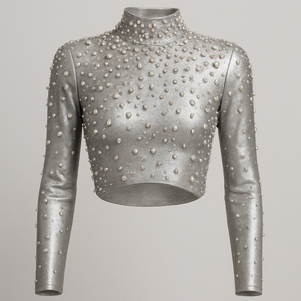 Silver long sleeve crop top with high neck curved hem and embellished with pearls and rhinestones
Silver long sleeve crop top with high neck curved hem and embellished with pearls and rhinestones
Silver long sleeve crop top with high neck curved hem and embellished with pearls and rhinestones
Silver long sleeve crop top with high neck curved hem and embellished with pearls and rhinestones