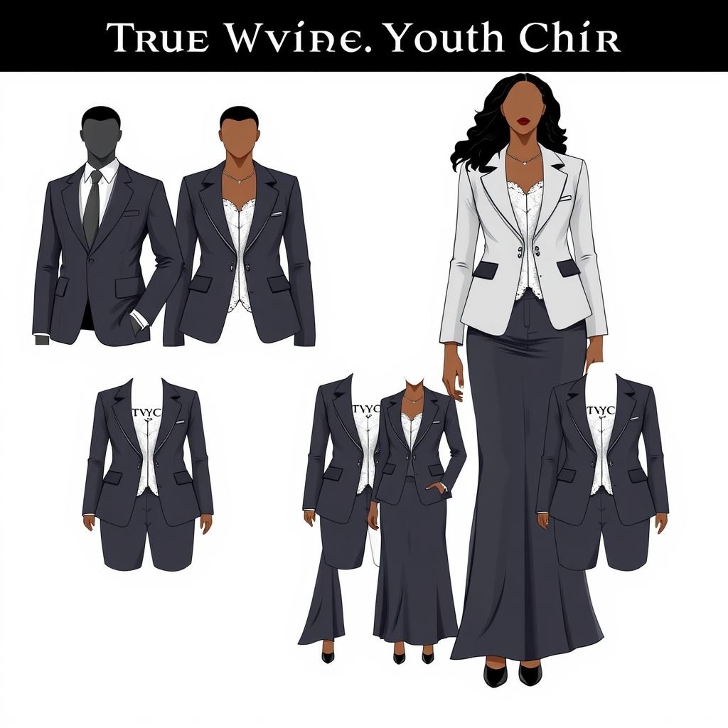 True vine Youth choir outfit. For 2 males and 3 females. With “TVYC” on it. Make sure the female and males have no jewelry on. The blazer is nice for female, add lace to it, and make the skirt a maxi skirt. Add “TVYC” to both the female and male outfit
Design a sophisticated business attire for the True Vine Youth Choir, featuring two sleek blazers for males with tailored fits, and three elegant female outfits incorporating structured blazers adorned with delicate lace detailing. The women wear flowing maxi skirts, while the bold “TVYC” logo is prominently displayed, maintaining a polished, jewelry-free aesthetic.