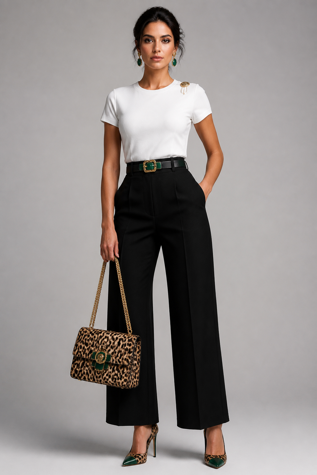 Create a stylish high-fashion women's outfit consisting of a fitted wihte basic T-shirt ,leopard-print bag, elegant high-waisted black trousers, and sophisticated high-heel shoes. Combine leopard print with rich emerald in a luxurious and harmonious way. The T-shirt should have a modern, feminine cut with subtle haute couture details, while the trousers should be tailored, flattering, and elegant. Add high heels that coordinate with both the leopard and some green tones. The overall look should feel bold, chic, feminine, sophisticated, and fashion-forward, inspired by contemporary haute couture. Use high-quality fabrics, refined textures, elegant silhouettes, and carefully balanced color combinations. Show the complete outfit on a professional fashion model, full-body view, clean studio background, professional fashion editorial photography, realistic fabric details, luxury fashion magazine aesthetic.
Create a stylish high-fashion women's outfit consisting of a fitted wihte basic T-shirt ,leopard-print bag, elegant high-waisted black trousers, and sophisticated high-heel shoes. Combine leopard print with rich emerald in a luxurious and harmonious way. The T-shirt should have a modern, feminine cut with subtle haute couture details, while the trousers should be tailored, flattering, and elegant. Add high heels that coordinate with both the leopard and some green tones. The overall look should feel bold, chic, feminine, sophisticated, and fashion-forward, inspired by contemporary haute couture. Use high-quality fabrics, refined textures, elegant silhouettes, and carefully balanced color combinations. Show the complete outfit on a professional fashion model, full-body view, clean studio background, professional fashion editorial photography, realistic fabric details, luxury fashion magazine aesthetic., contemporary style