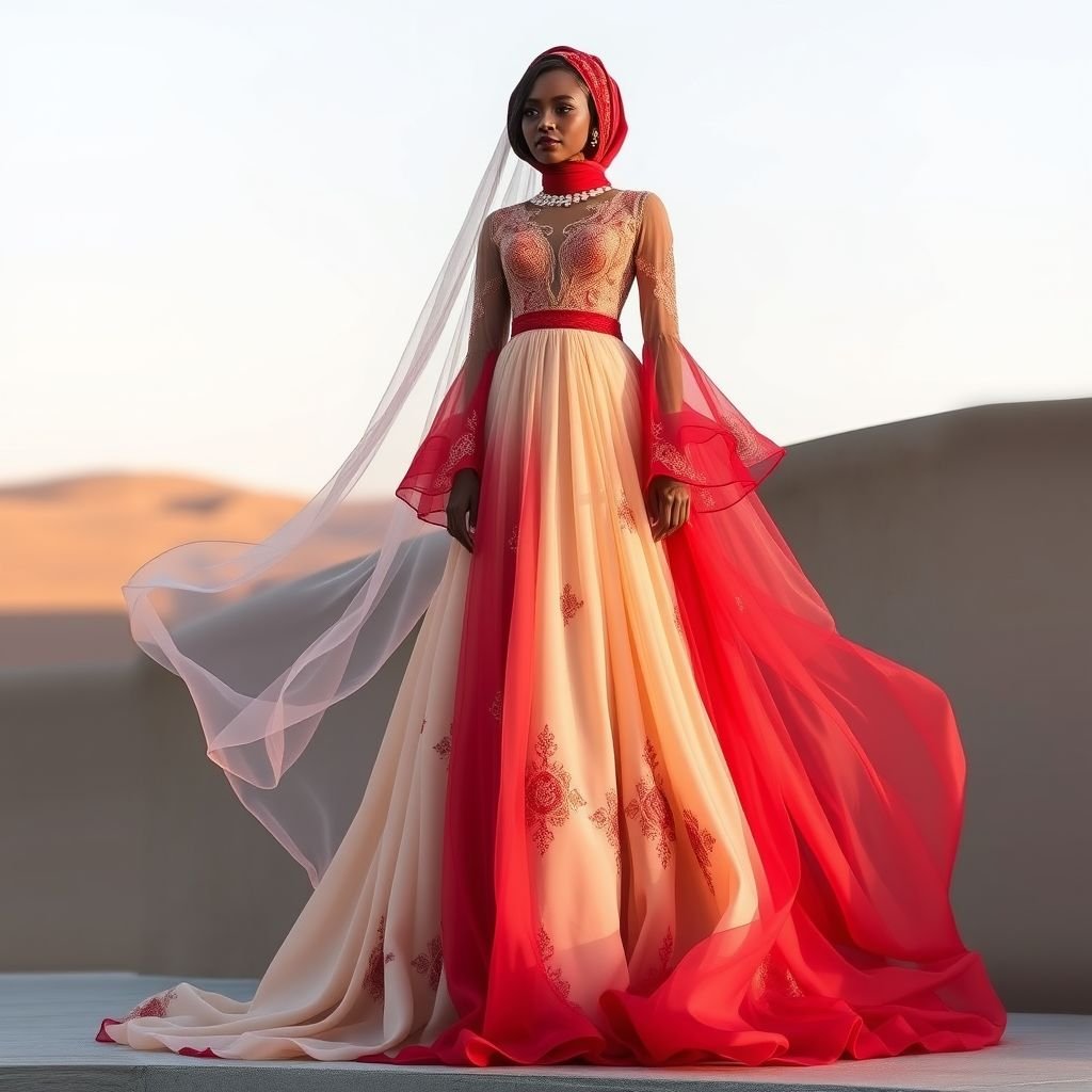 An ethereal gown for wedding having the Somali cultural style plus the Ethiopian with little bit Indian red velvet and also has shady
Design an ethereal wedding gown blending Somali and Ethiopian cultural styles, infused with rich Indian red velvet accents. The gown features flowing layers of sheer silk, adorned with intricate embroidery, and dramatic bell sleeves. Cascading pleats create movement, while a shaded gradient transitions from deep crimson to delicate peach, embodying grace and tradition.