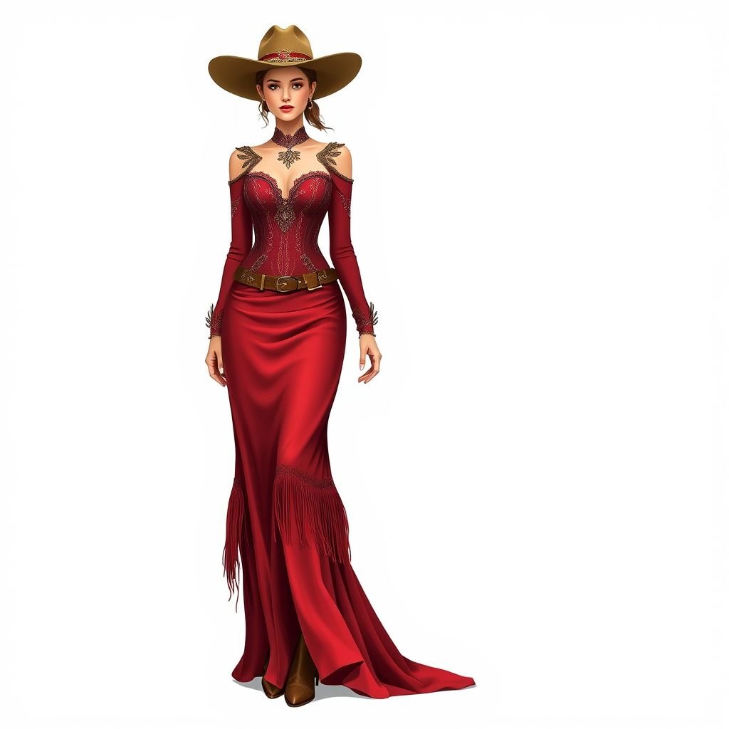 A gorgeous, floor-length gown in a rich cherry-red silk. The dress has a fitted bodice with a delicate, embroidered neckline. The skirt flows gracefully, with subtle pleats adding movement and dimension
Design a stunning, floor-length gown in luxurious cherry-red silk, embodying classic Western elegance. Featuring a fitted, embroidered bodice adorned with delicate fringe accents, and a sweeping, pleated skirt reminiscent of prairie sunsets. Include intricately beaded Western motifs, and accentuate with a wide-brimmed hat, cowboy boots, and a detailed leather belt for authentic flair.