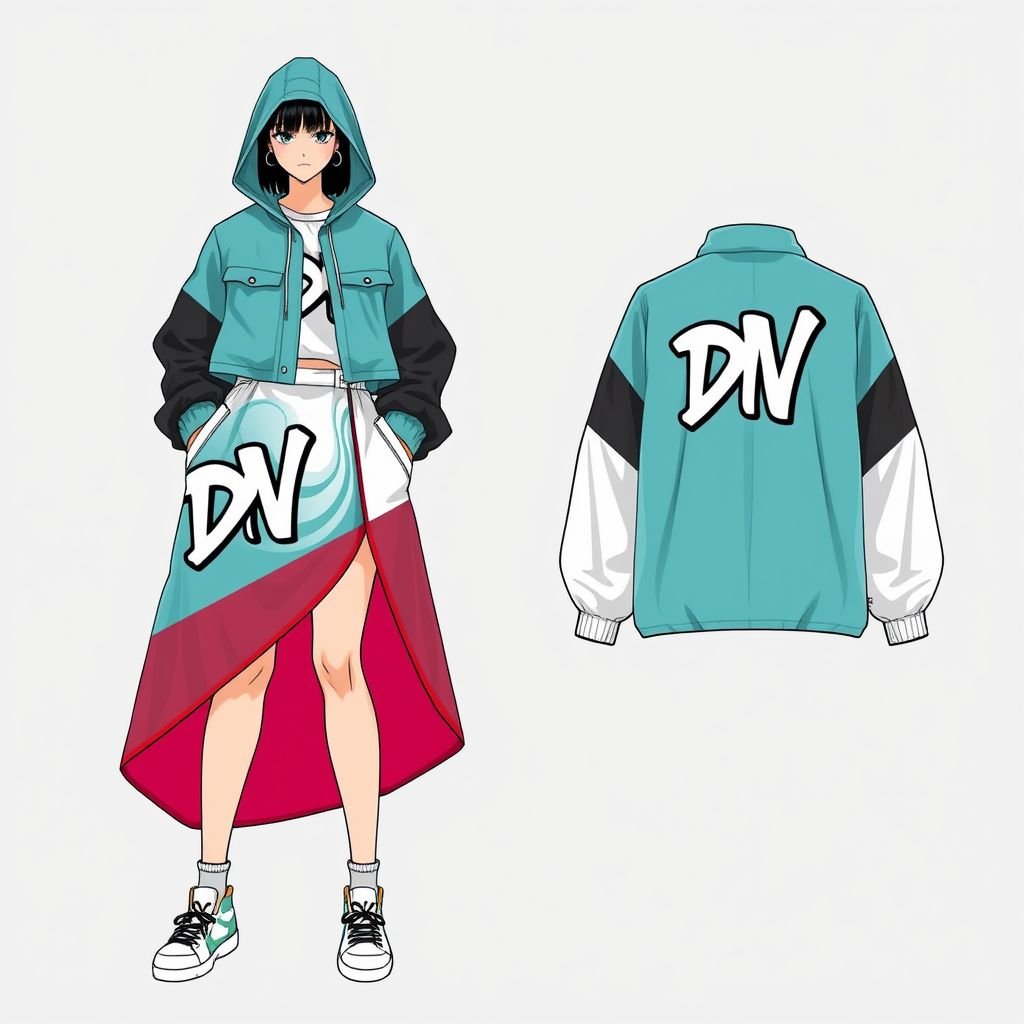 Women’s windbreaker skirt and shirt set. I want the skirt to be midi. Put “DV” somewhere on it. I don’t want the belly showing. And don’t add any jewelry
Design a trendy women's streetwear ensemble featuring a stylish windbreaker skirt and shirt set. The midi-length skirt should have an asymmetrical cut, showcasing bold colors and textures. Incorporate "DV" in a graffiti-style font on the skirt. The shirt must feature an oversized fit, ensuring no belly exposure, embodying urban chic.