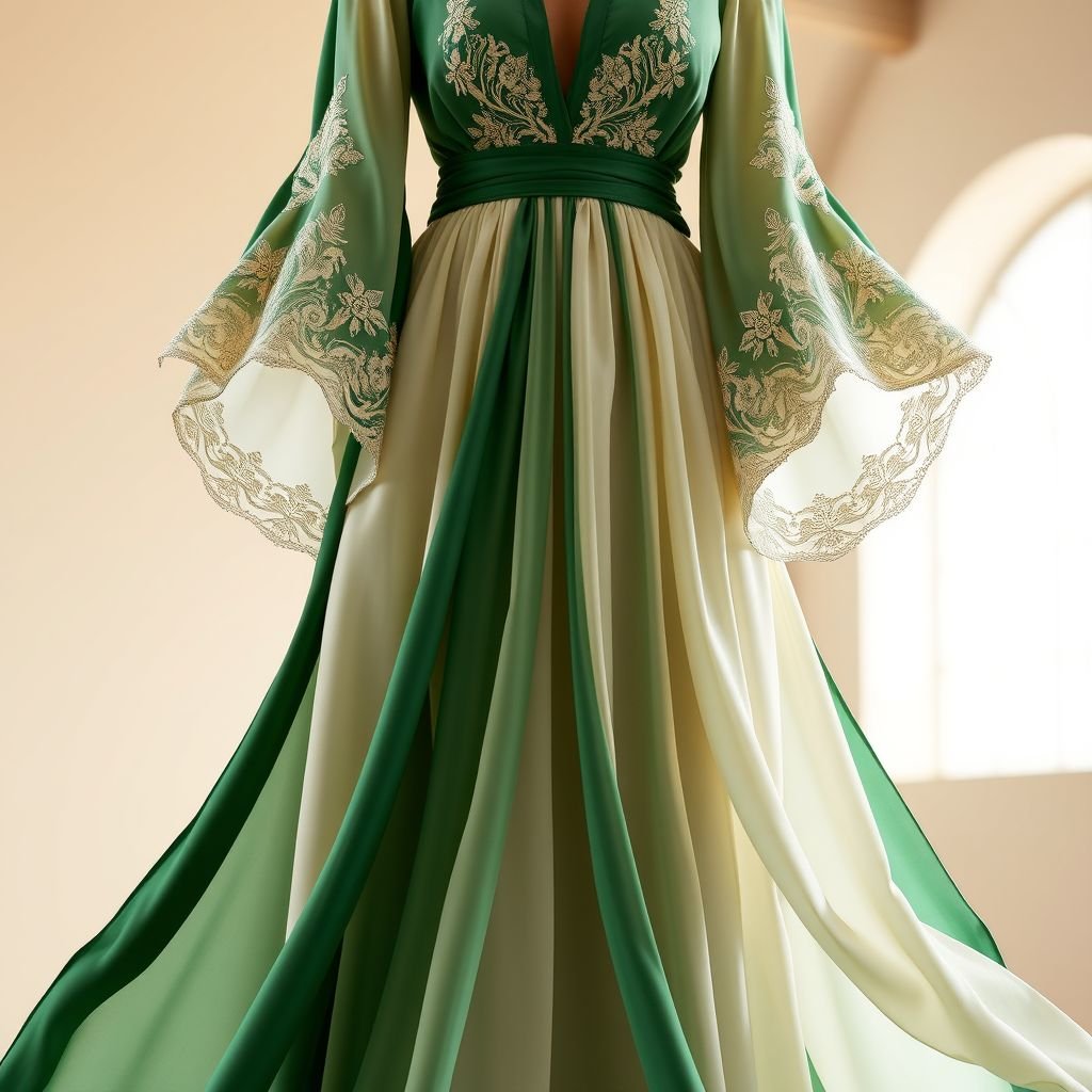 An elegant Maxi dress that has shape but is Not Form fitting.
Design an exquisite maxi dress that gracefully drapes in flowing layers, embracing an A-line silhouette. Crafted from luxurious silk, it features delicate lace accents and billowing sleeves that add sophistication. The color palette blends deep emerald with soft ivory, epitomizing timeless elegance. A cinched waist enhances shape without clinging fiercely.