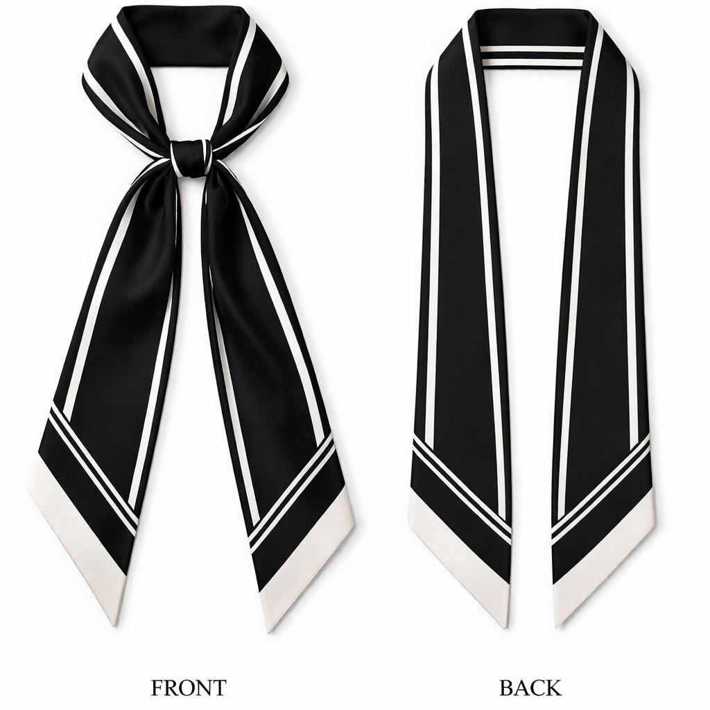 Design a silk scarf that is 5x86cm that is black and white and tailored looking in a layout more simple
Design a silk scarf that is 5x86cm that is black and white and tailored looking in a layout more simple, classic style, show front and back