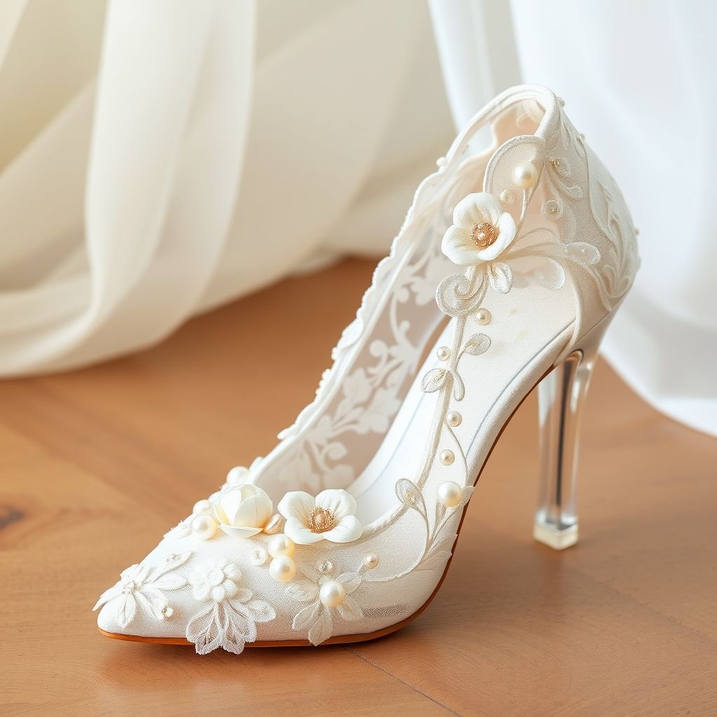 Bridal shoe
Design an ethereal bridal shoe that combines vintage elegance with modern flair. The shoe features a delicate lace overlay, intricate floral embroidery, and shimmering pearl embellishments. A transparent acrylic heel adds a contemporary twist, while soft pastel colors reflect a romantic palette. Perfect for the dreamy bride on her special day.