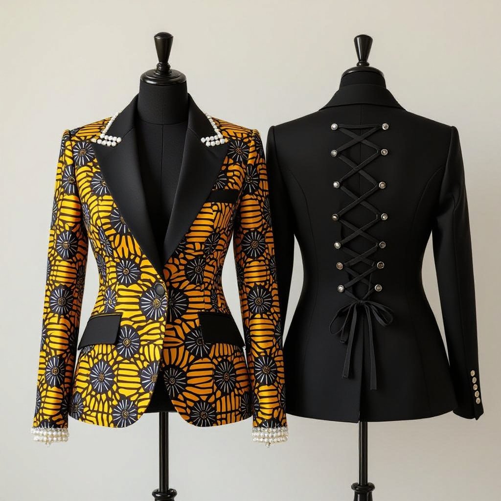 African print blazer with pearls on top of the lapel and back lacing l want to see the both front and back view
Front and back view of an African print blazer, featuring pearls adorning the lapel, with a structured silhouette and elegant back lacing detail.
