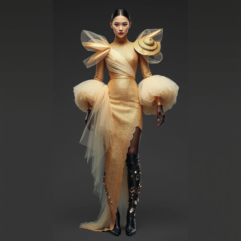 Gold, lace, tulle, mini, mutton sleeves, leather, over the knee boots
Imagine an avant-garde fashion ensemble featuring a sculptural gold mini dress with intricate lace overlays and voluminous mutton sleeves. Layer it with sheer tulle accents cascading asymmetrically. Pair with sleek leather over-the-knee boots adorned with abstract metallic embellishments, merging extravagance with edgy innovation, making a bold statement on the fashion frontier.