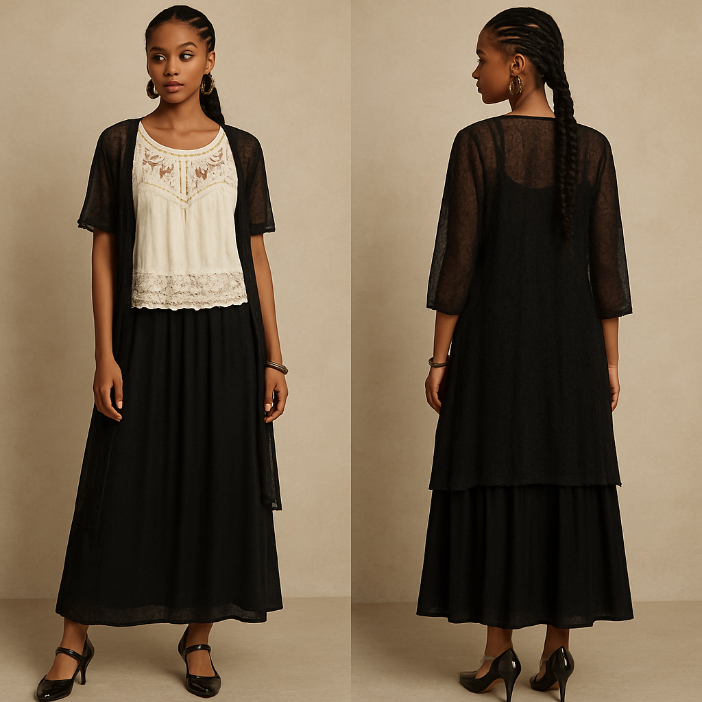 Bohemian blouse short sleeves
Long black skirt
See through cardigan
Olive Green earrings
Olive Green bracelet
Black heels with gold design
Corn rows
Bohemian blouse short sleeves
Long black skirt
See through cardigan
Olive Green earrings
Olive Green bracelet
Black heels with gold design
Corn rows
, bohemian style, show front and back