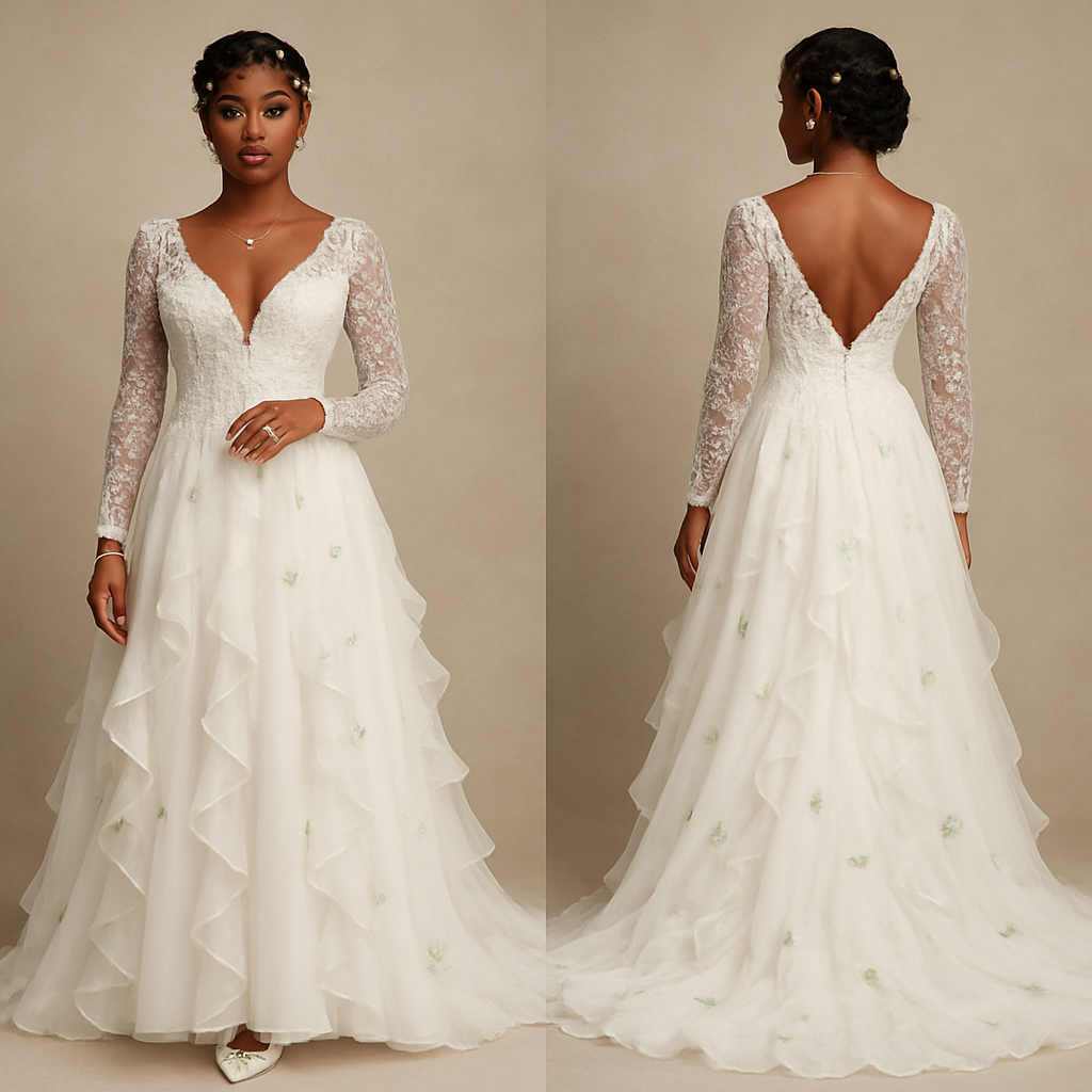 Black girl
Finger waves with small flowers in hair
Wedding dress
V cut at breast
Long dress
Long train
Lace sleeves
Ruffles going down the dress
Green flowers on dress
Diamond ring on finger
Diamond heart necklace
Green eyeshadow
Clear lipgloss
Diamond earrings
Diamond bracelet
White heels with green pearls
French tip nails with pearls
Black girl
Finger waves with small flowers in hair
Wedding dress
V cut at breast
Long dress
Long train
Lace sleeves
Ruffles going down the dress
Green flowers on dress
Diamond ring on finger
Diamond heart necklace
Green eyeshadow
Clear lipgloss
Diamond earrings
Diamond bracelet
White heels with green pearls
French tip nails with pearls
, show front and back